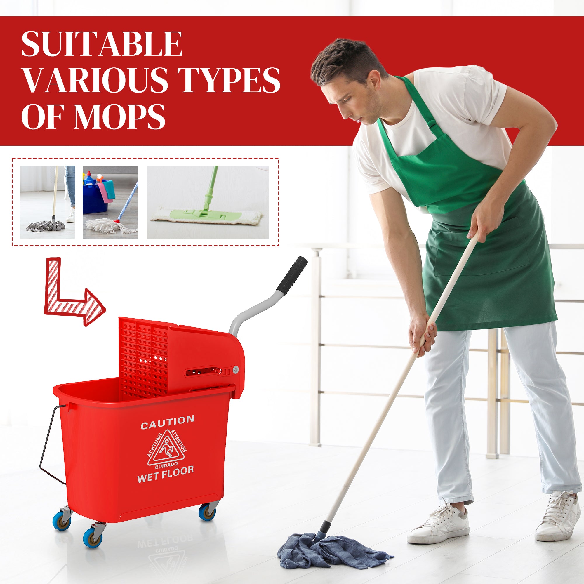 HOMCOM Mop Bucket with Wringer, Mop Bucket on Wheels for Floor Cleaning, 5 Gallon, Separate Dirty and Clean Water, Red 