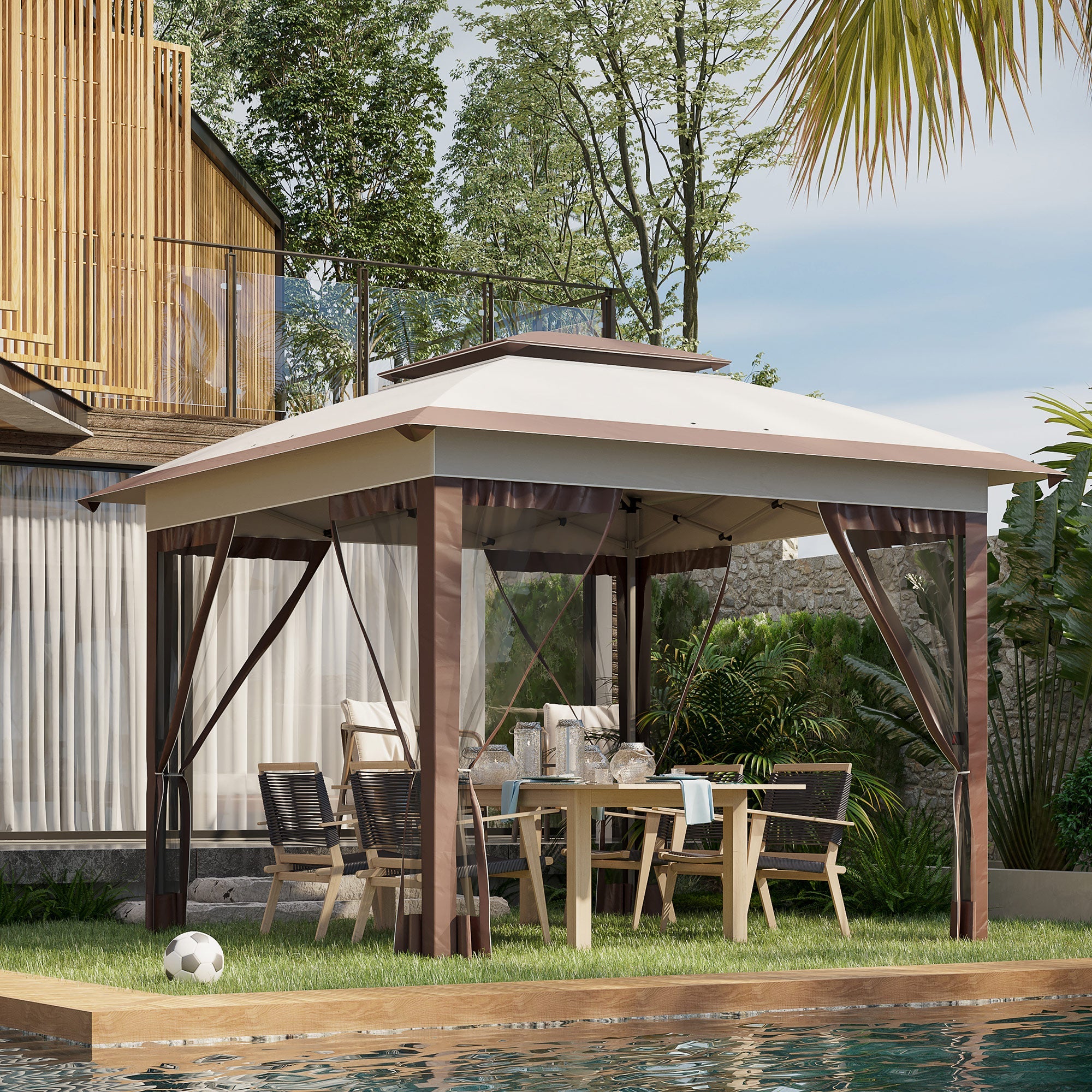 Outsunny 12'x12' Pop Up Canopy Sun Shade Instant Tent with Mesh Sidewalls Adjustable Height Storage Bag Beige 