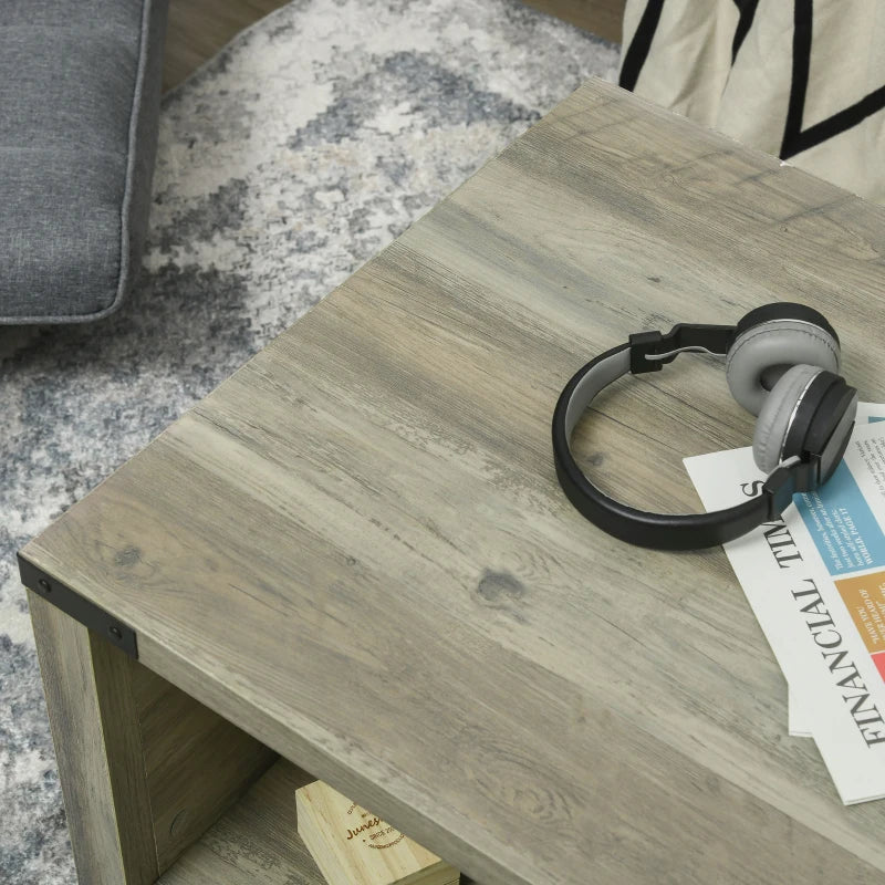Farmhouse Coffee Table with Drawer and Storage Shelf, Rustic Center Table for Living Room, Meeting Room, Grey