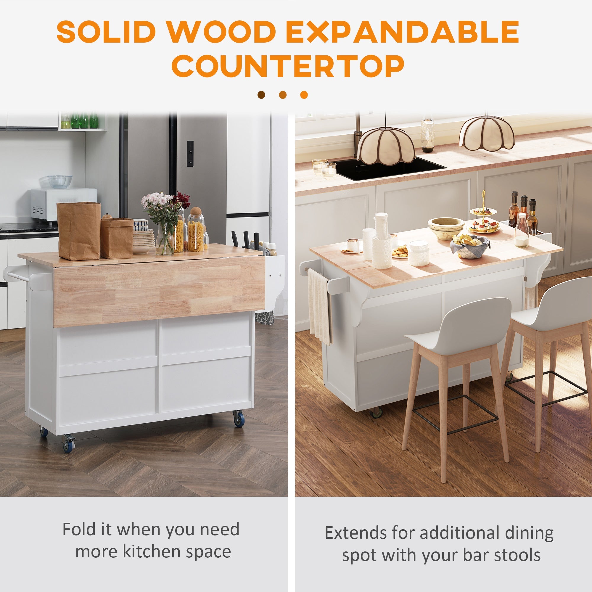 HOMCOM Rolling Kitchen Island on Wheels Utility Cart with Drop-Leaf and Rubber Wood Countertop, Storage Drawers, Door Cabinets, White 