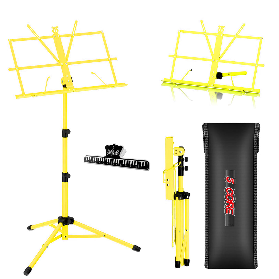 5Core Portable Music Stand for Sheet Music Adjustable Tripod Folding Note Holder Yellow