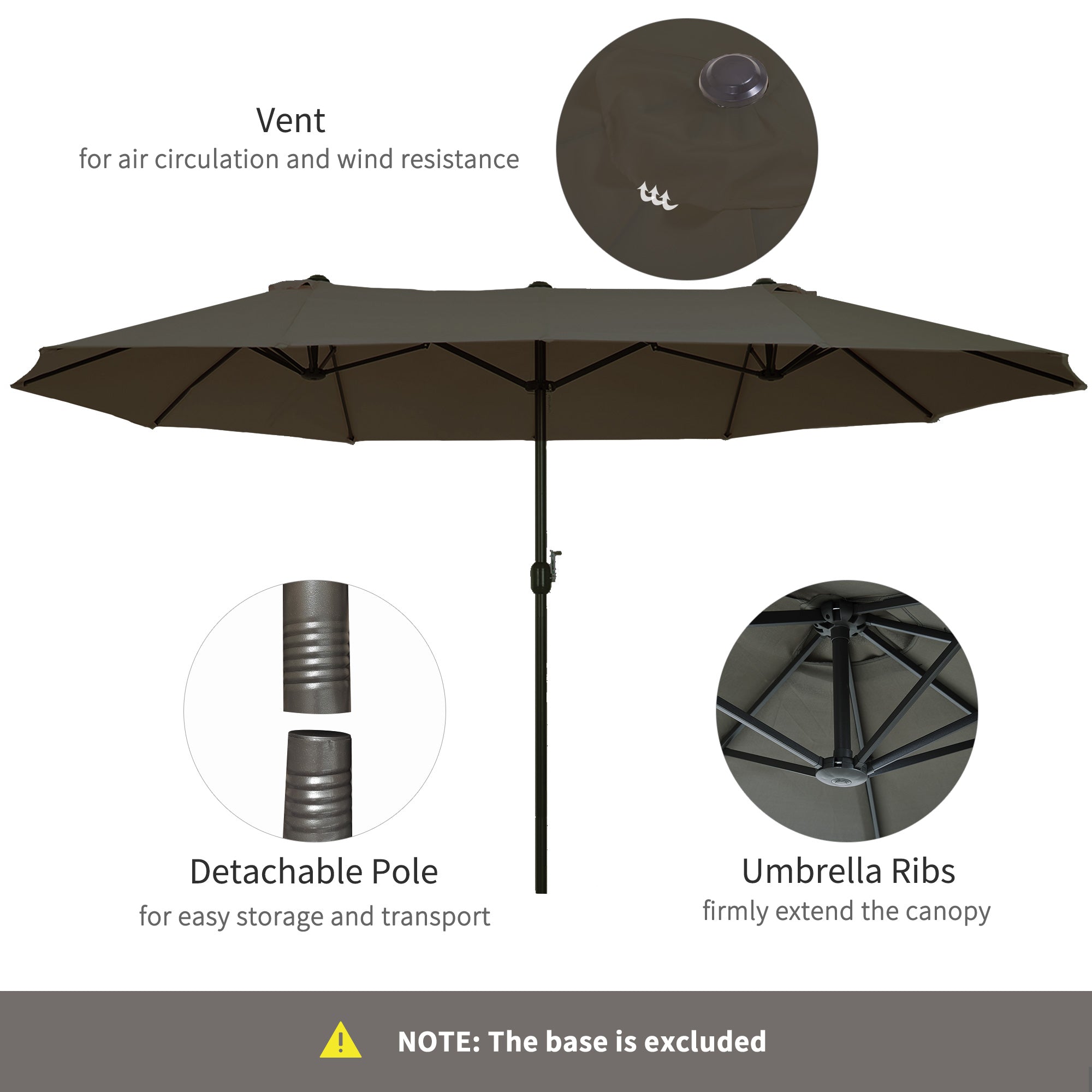 Outsunny 15' Outdoor Patio Umbrella with Twin Canopy Sunshade Steel Table Umbrella with Lift Crank Grey 