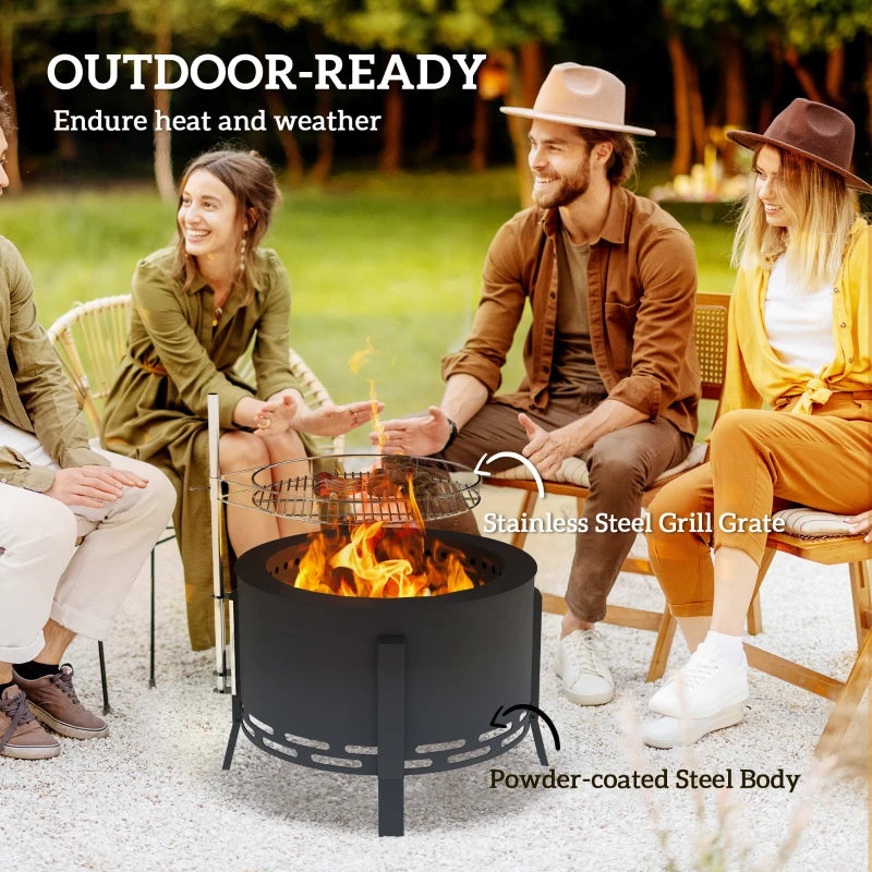 Outdoor Fire Pit, Round Firepit with Grill Grate, Fire Bowl with Ash Catcher and Poker for Backyard Camping Bonfire Picnic, Black