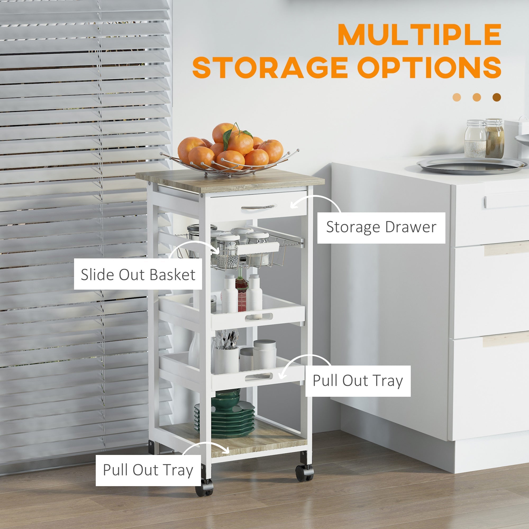HOMCOM White Rolling Kitchen Cart: Mobile Utility Island with Storage Drawer, Wire Basket & Tray Versatility 