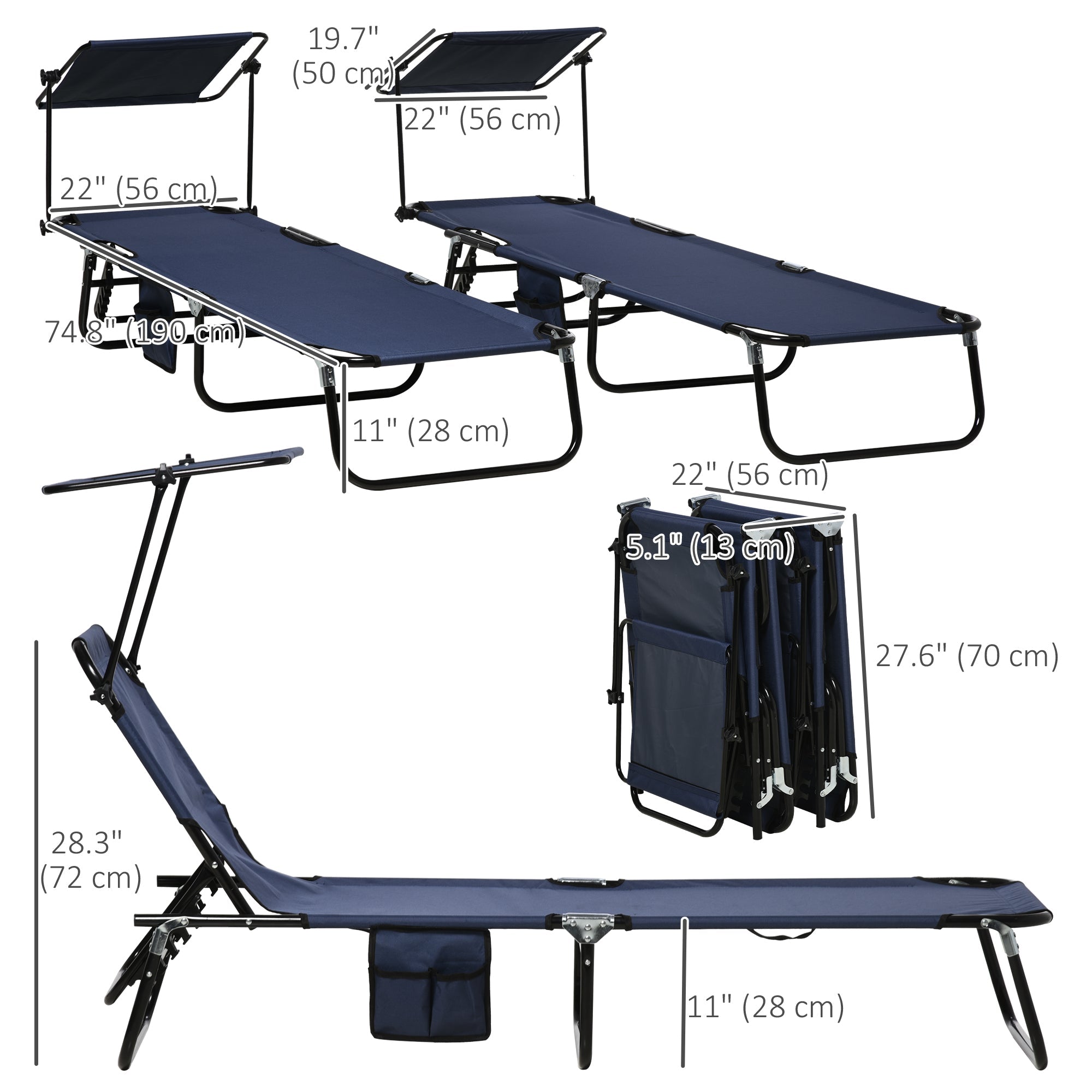 Outsunny Outdoor Chaise Lounge Chairs Set of 2 with Recliner Back and Sunshade for Pool Beach Patio Blue 