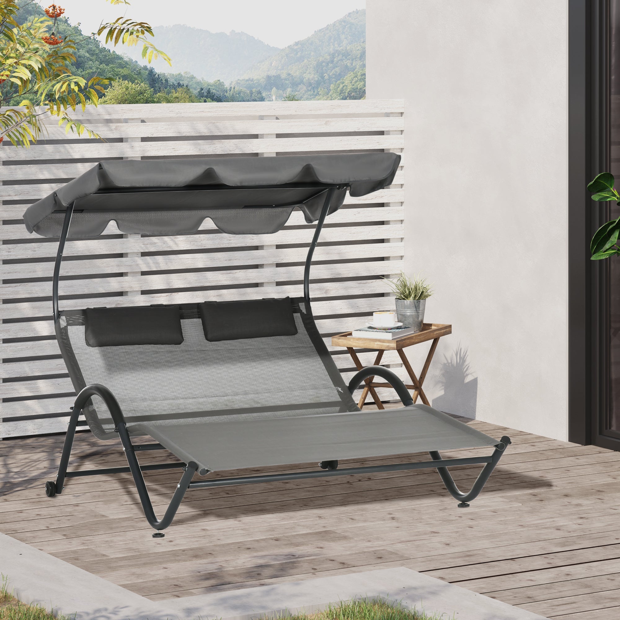 Outsunny Outdoor Patio Chaise Lounge Chair w/ Sunshade Roof, for Two People with Wheels and Breathable Sling Mesh Bed, Pillows 