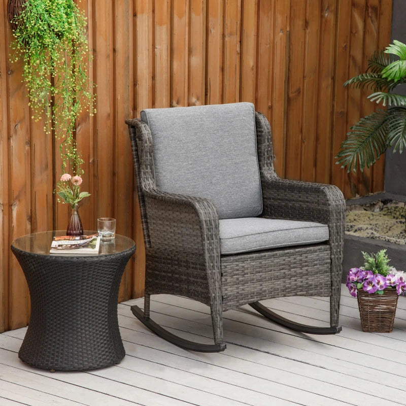 Outdoor Wicker Rocking Chair, PE Rattan Porch Rocker with Cushions, Grey