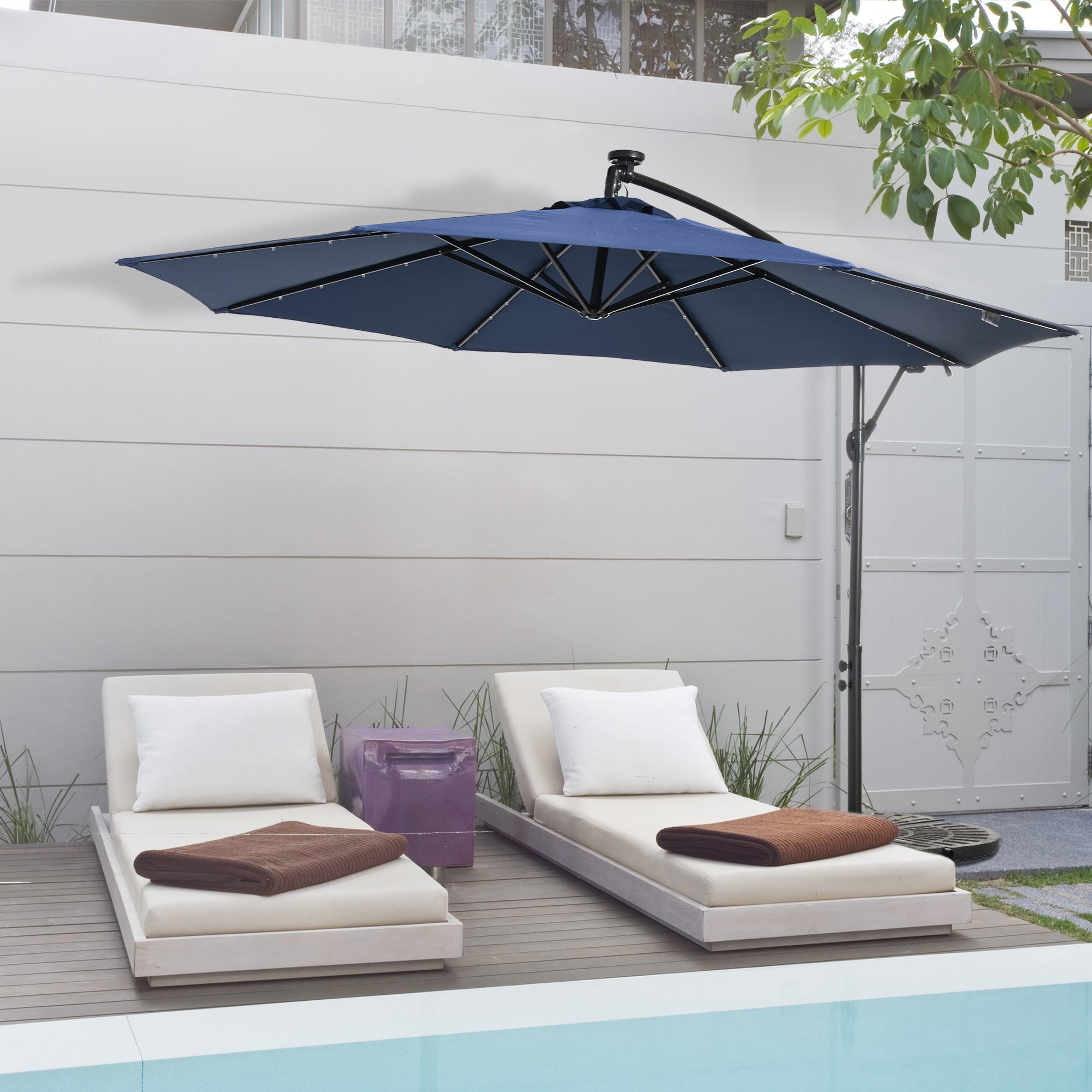 Outsunny 10ft Outdoor Cantilever Umbrella with Solar Lights Banana Adjustable Angle for Patio Backyard Navy Blue 