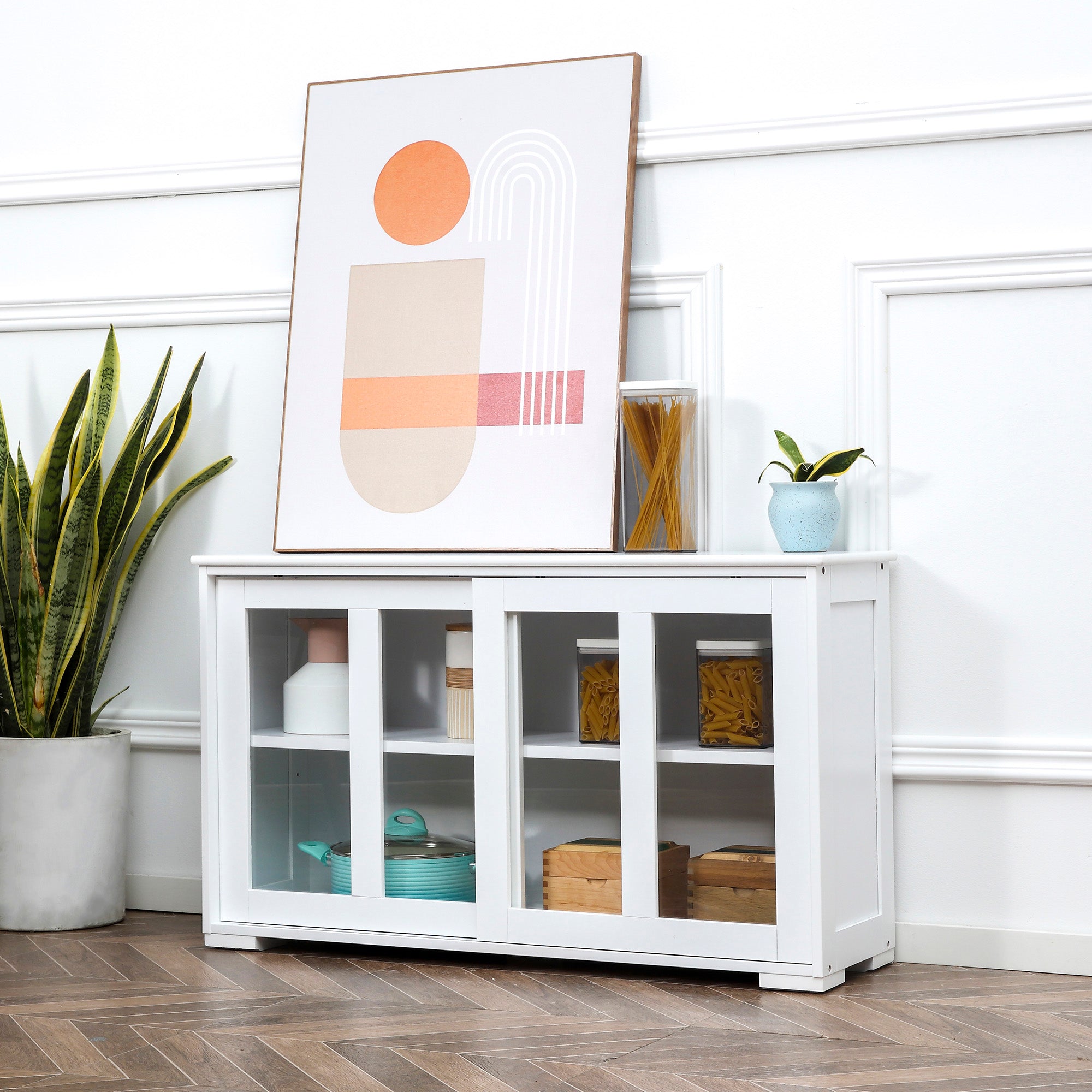 HOMCOM Modern Stackable Cabinet: Kitchen Sideboard Bar Cabinet, Glass Door Console, Cupboard Serving Buffet, Sleek White 