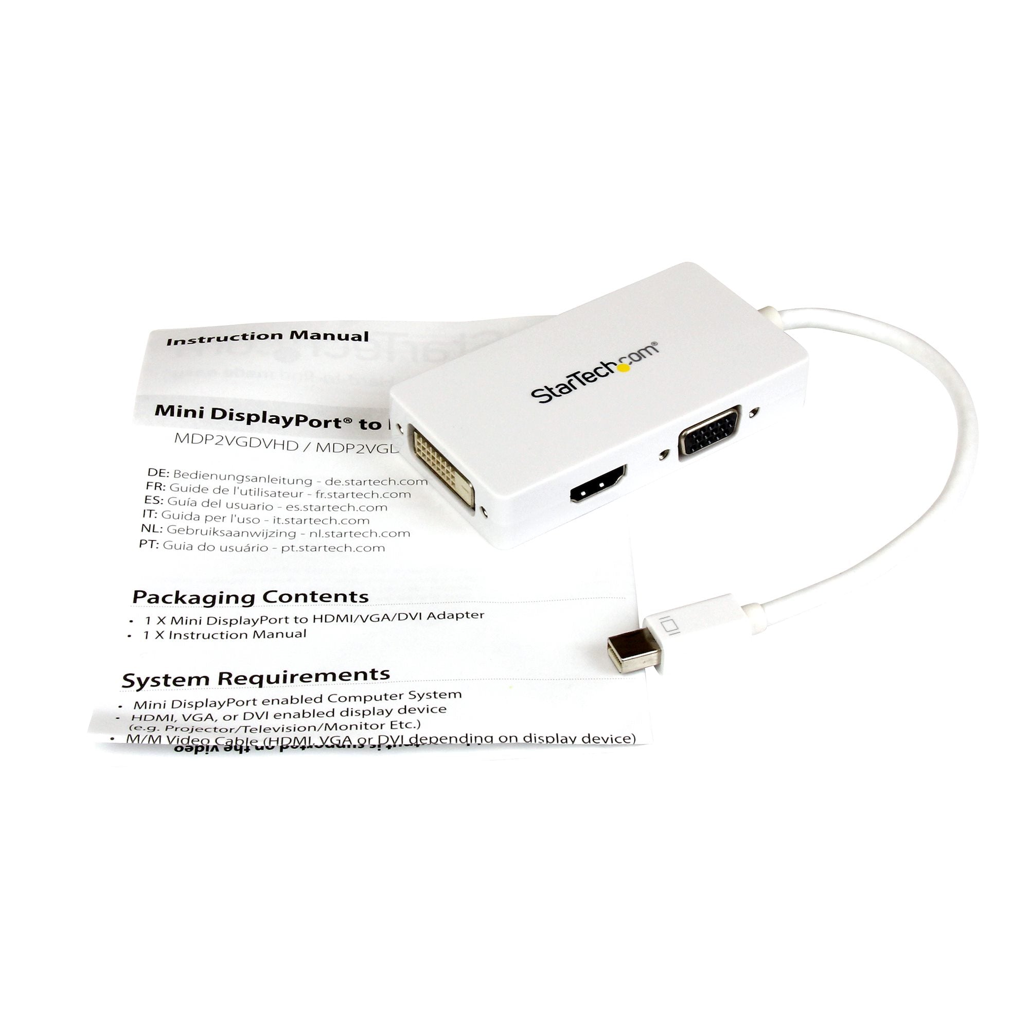 Travel A/V Adapter: 3-in-1 Mini DisplayPort to VGA DVI or HDMI Converter - White 