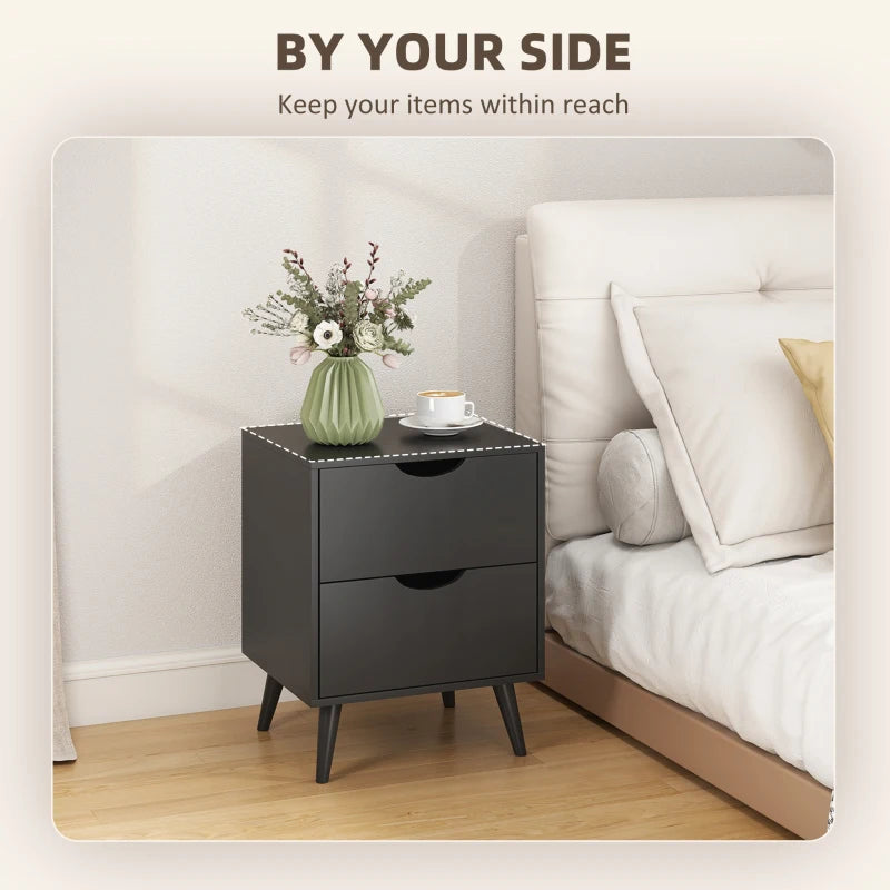 Modern Bedside Table Set of 2, Nightstand with 2 Drawers and Pine Wood Legs for Bedroom, Living Room, Black