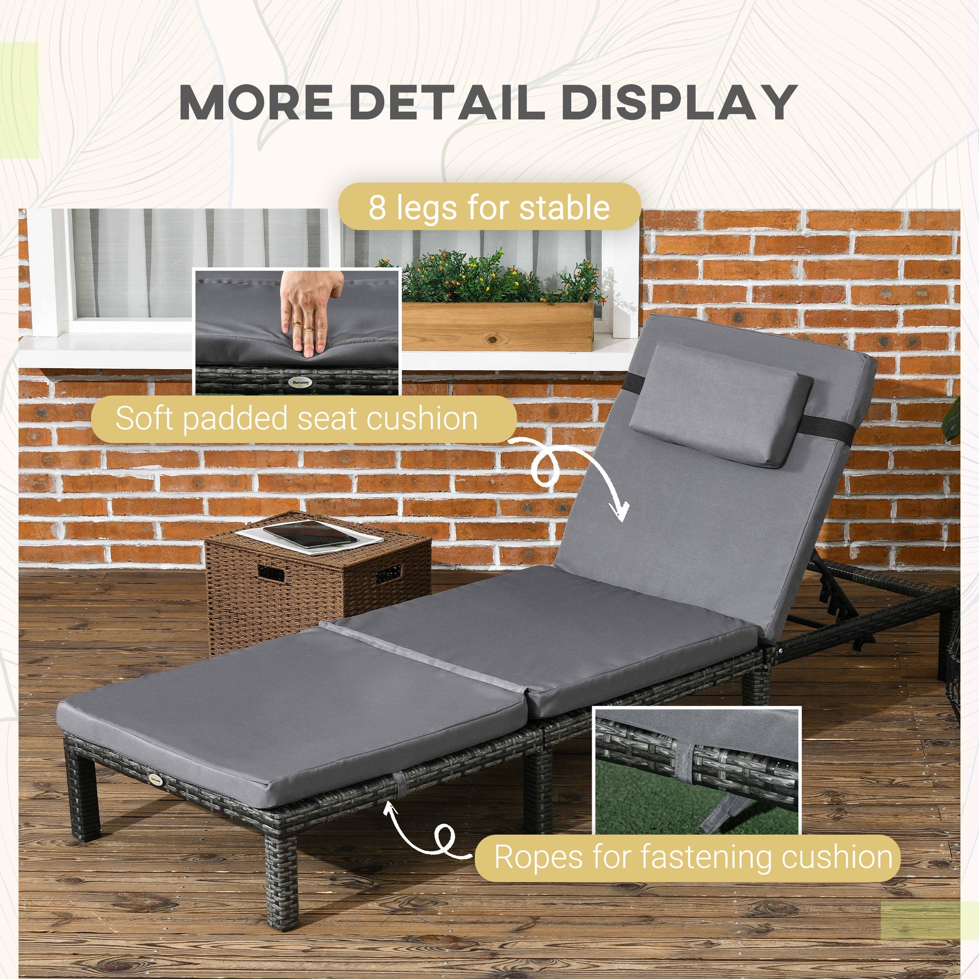 Outsunny Outdoor Lounger, Patio Lounger with 5-Level Adjustable Back, Headrest for Poolside, Garden, Backyard, Dark Grey 