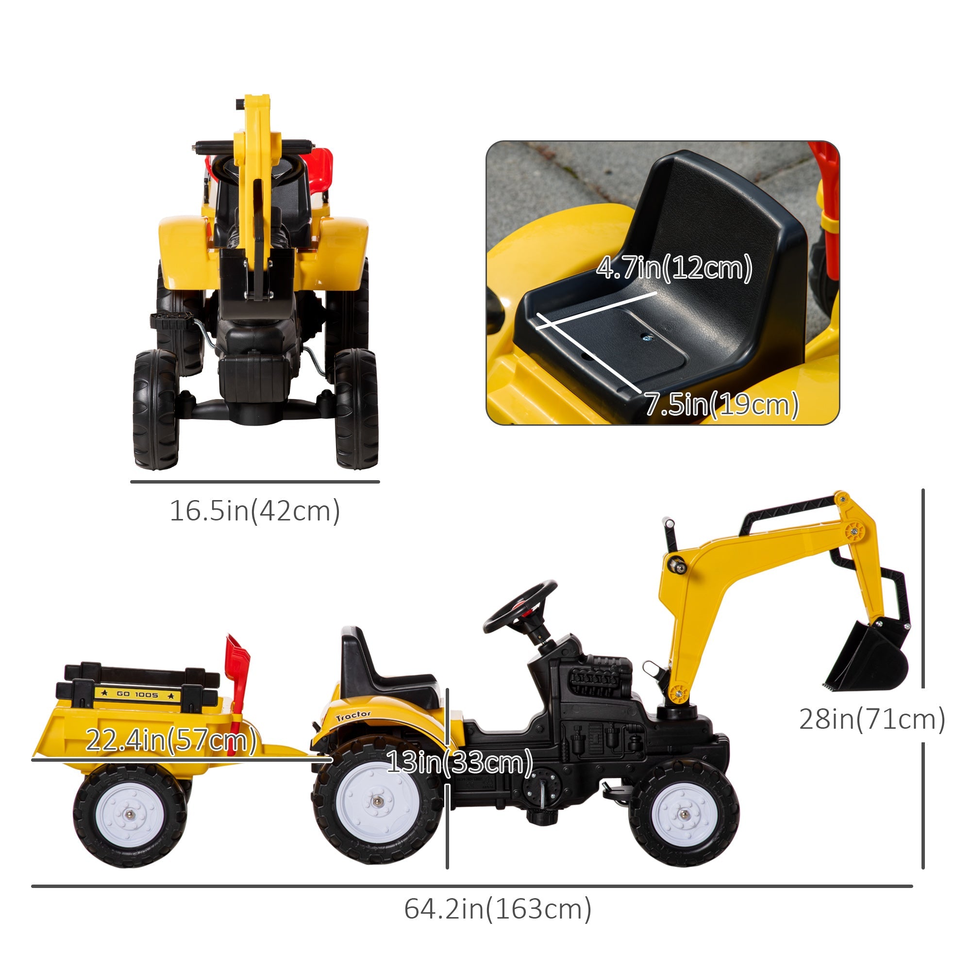 Aosom Yellow Ride-On Pedal Digger Construction Car with Horn Detachable Trailer Kids Toy Vehicle 