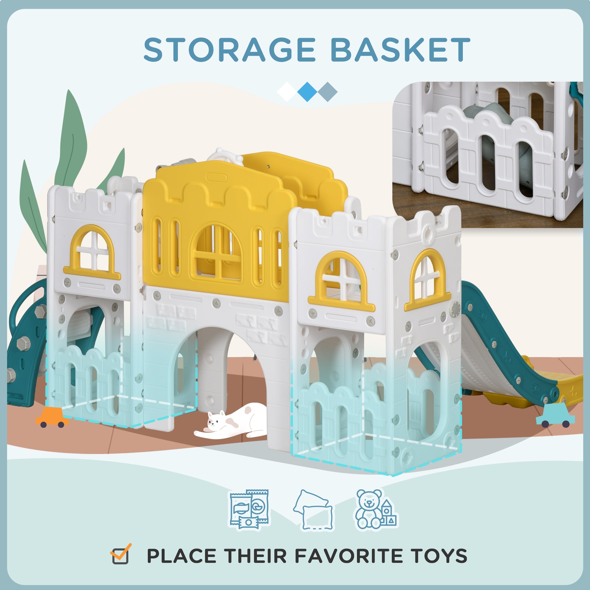 Qaba 7 in 1 Toddler Slide with Basketball Hoop, Climber, Telescope, Tunnel, Steering Wheel, for 1-3 Years, Yellow 