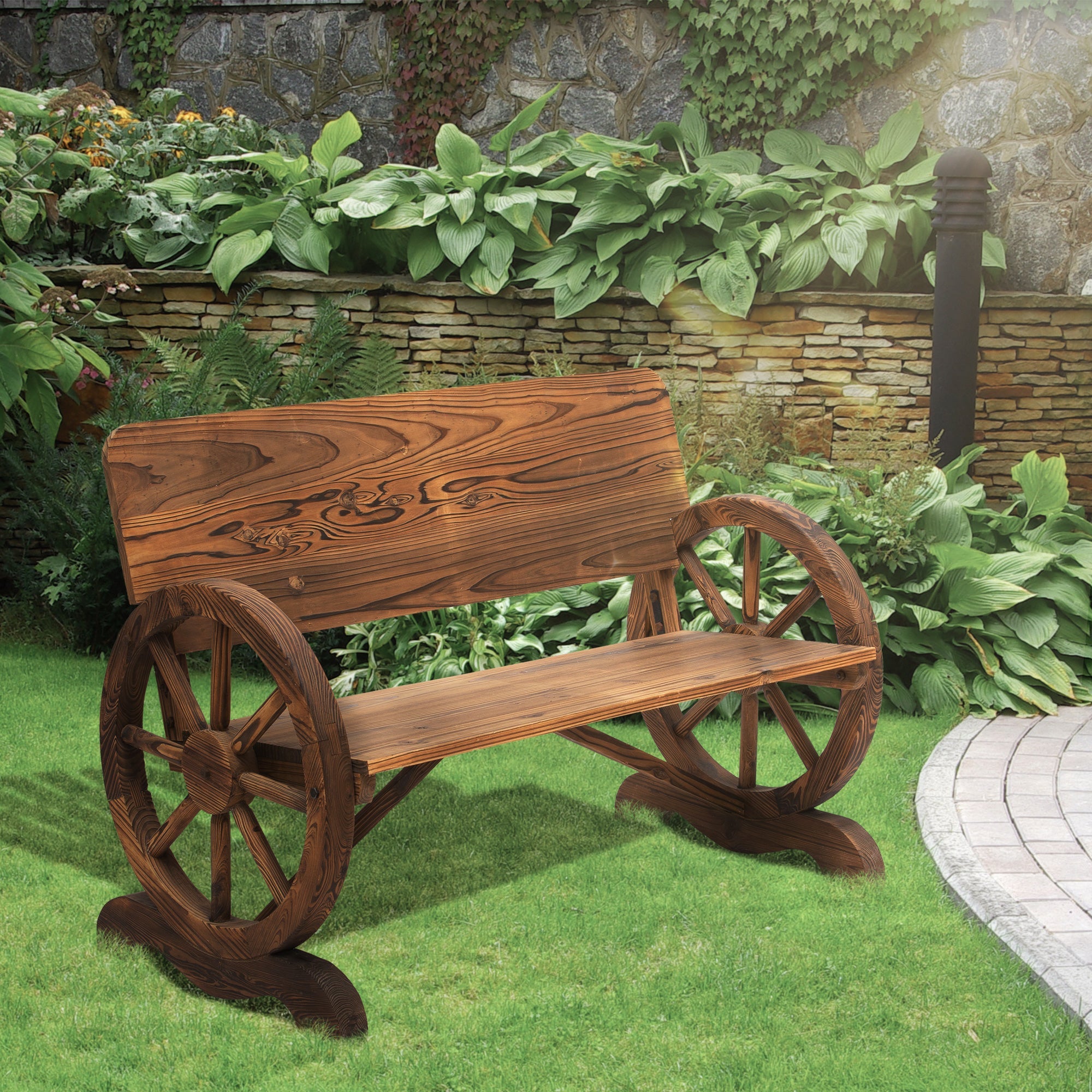 Outsunny Wooden Wagon Wheel Bench Rustic Design 2 Seater Garden Outdoor Chair High Back Loveseat 