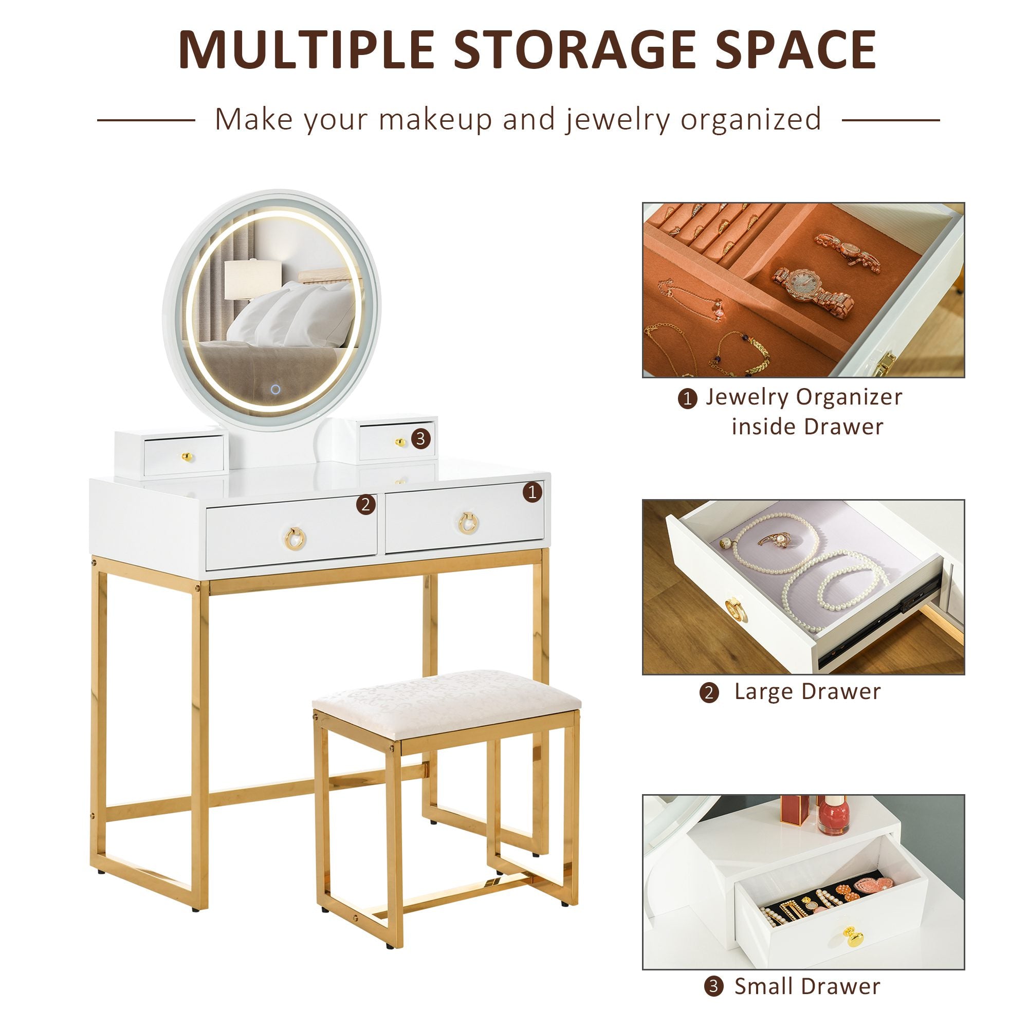 HOMCOM Elegant Makeup Vanity Set with Round Mirror 3-Color LED Light 4 Drawers Cushioned Stool White for Bedroom Decor 