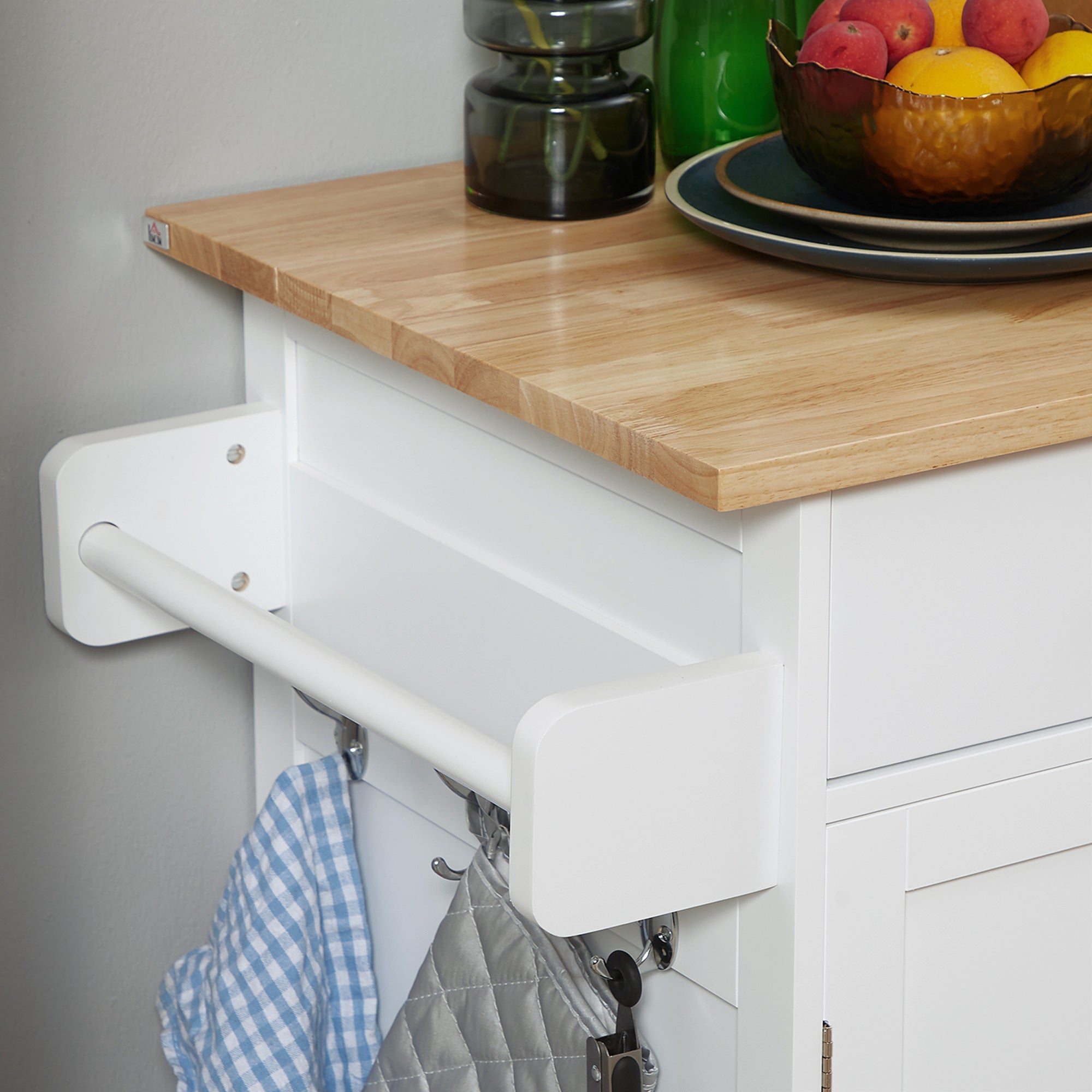 HOMCOM Mobile Culinary Companion: Rolling Kitchen Island Cart with Rubber Wood Top, Towel Rack, Storage Drawers, White Finish 