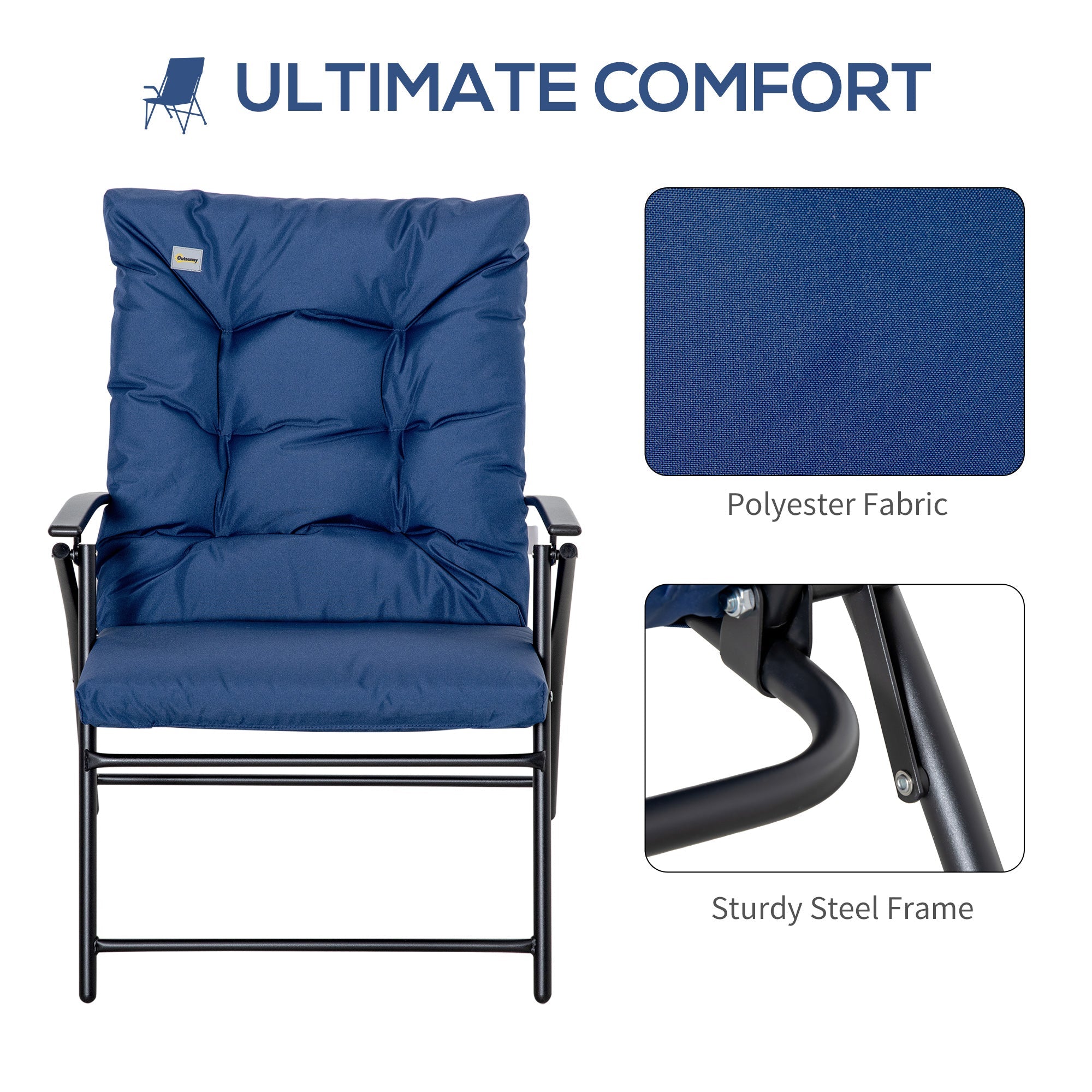 Outsunny Foldable Lounge Chair Fabric Upholstered Recliner Blue Outdoor Lounger with Armrest Metal Frame Camping Beach Chair 