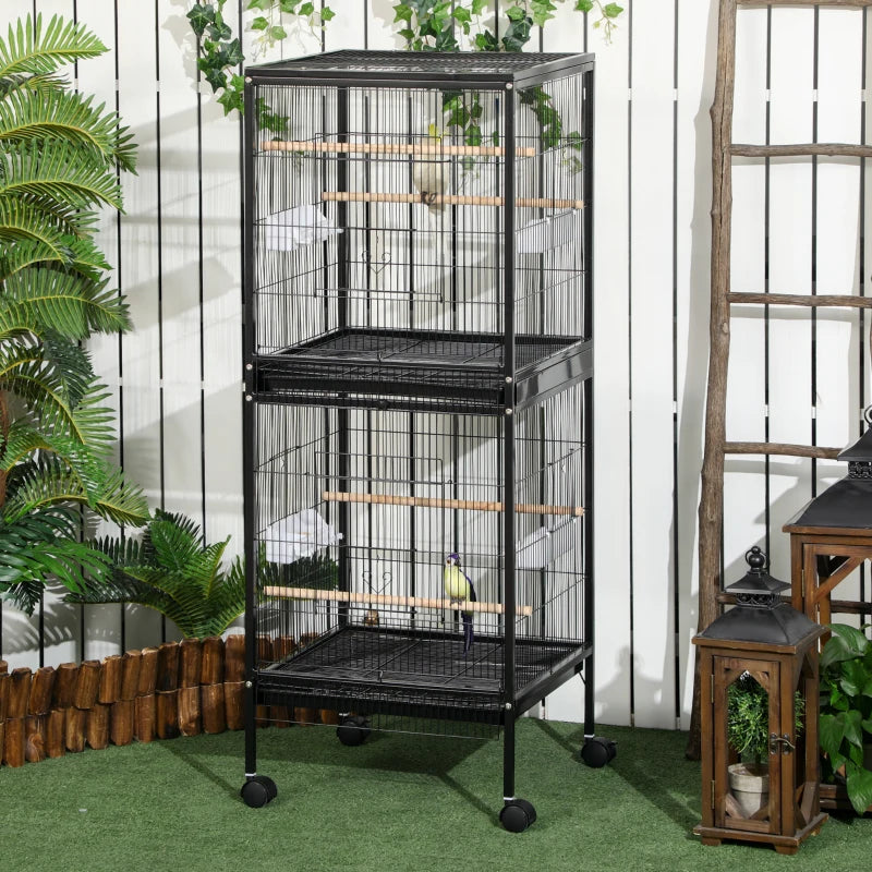 55.1" 2 In 1 Bird Cage Aviary Parakeet House for finches, budgies with Wheels, Slide-out Trays, Wood Perch, Food Containers, Black