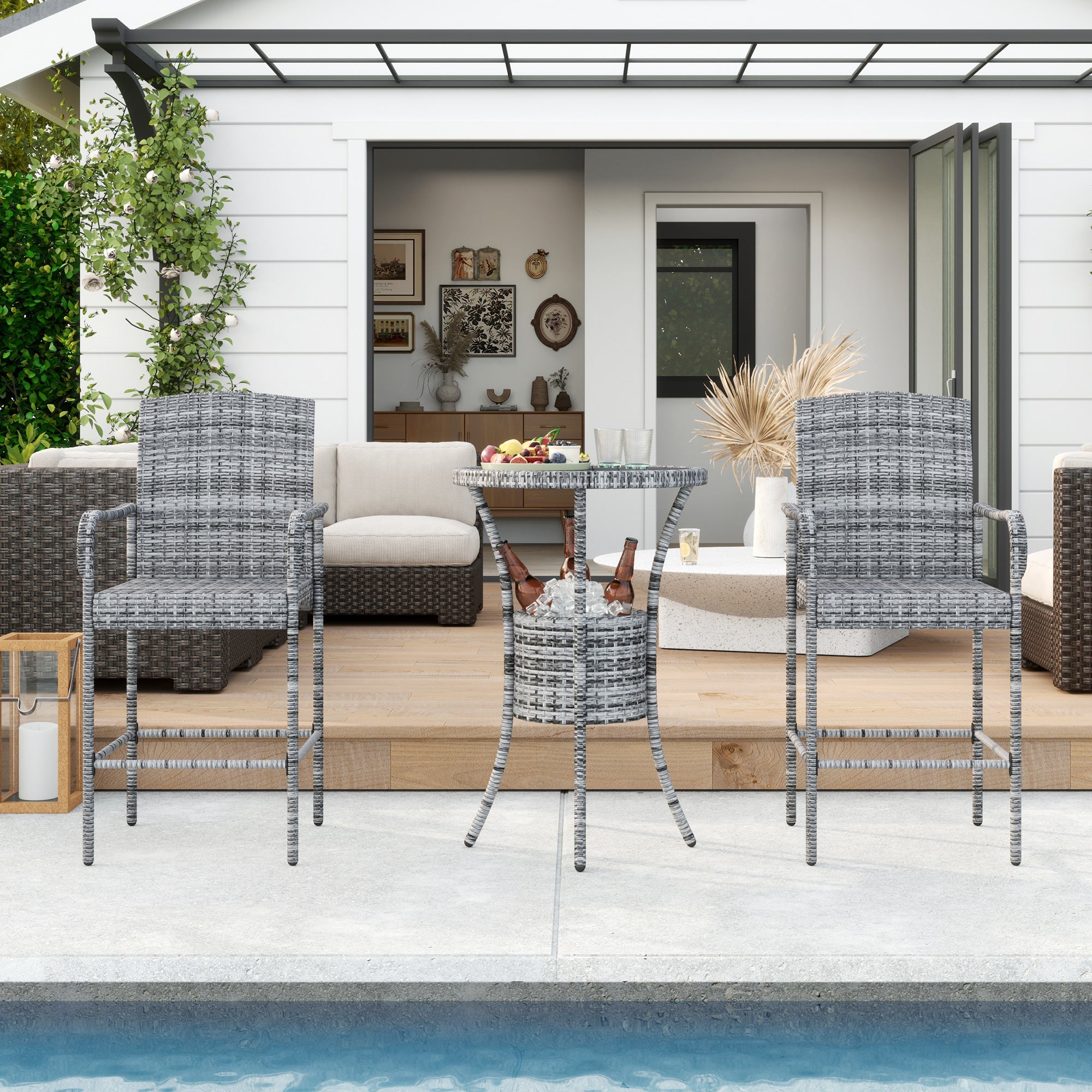 Outsunny 3 Pieces Patio Bar Set, Rattan Bistro Table and Chairs, Outdoor Conversation Furniture Set with Ice Bucket, Mixed Grey 