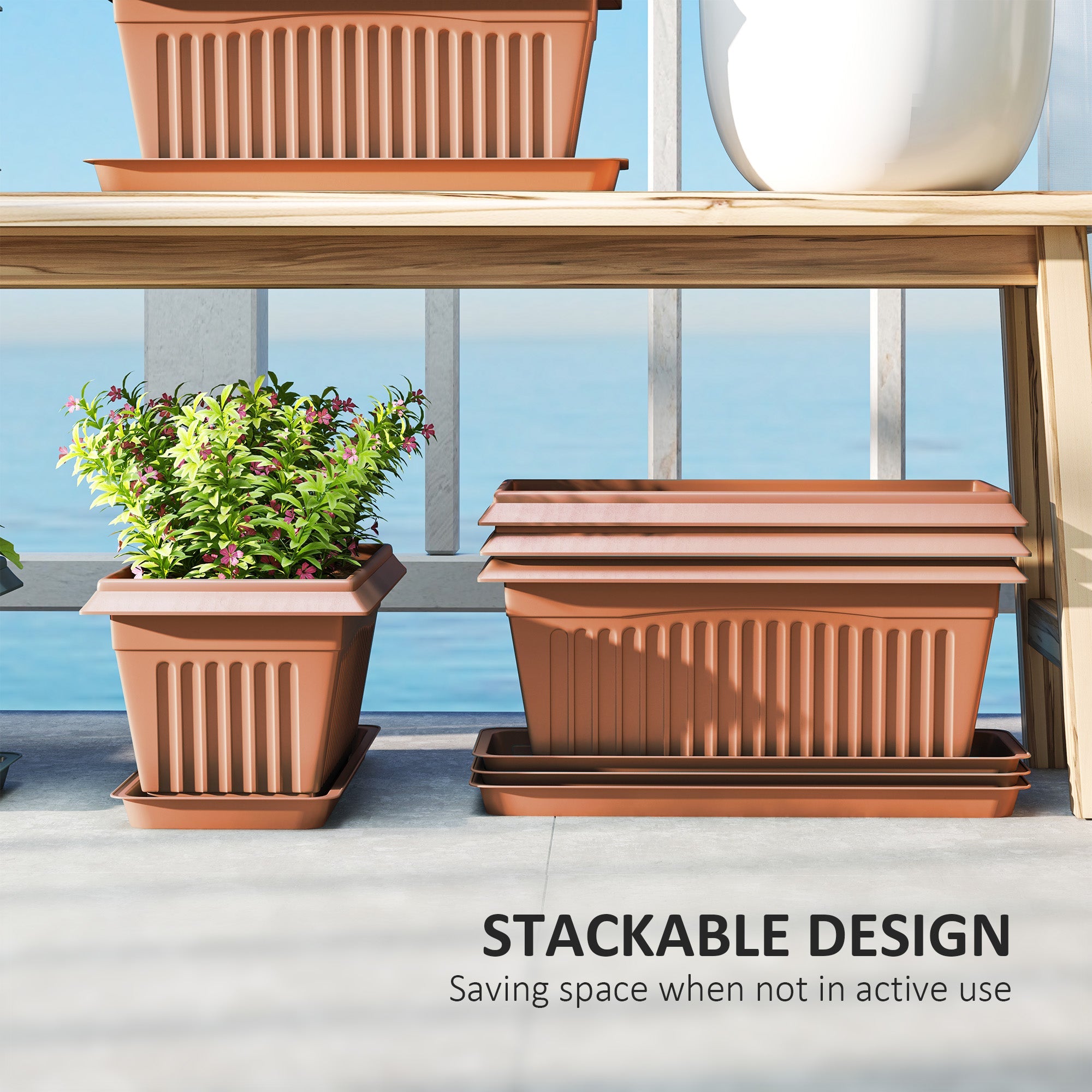 Outsunny 7 Pack 15.7" Plastic Flower Planters with Drainage Holes and Trays, Plant Pots for Indoor Outdoor Plants, Brown 