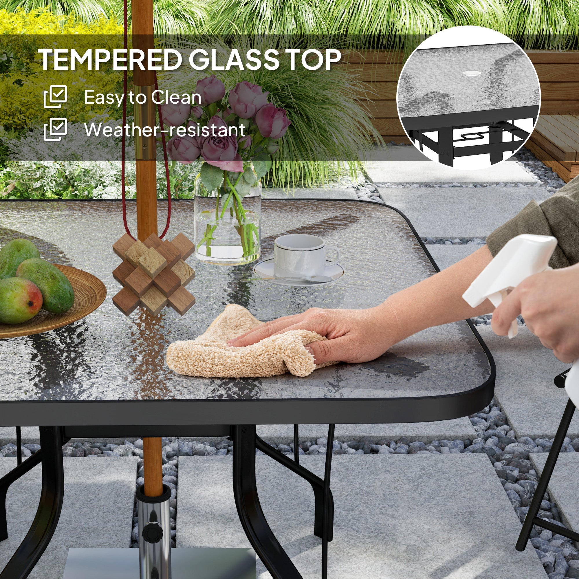 Outsunny Tempered Glass Square Patio Dining Table w/ 2.1" Umbrella Hole for Garden, Balcony, Backyard, 38" x 38" x 28" 