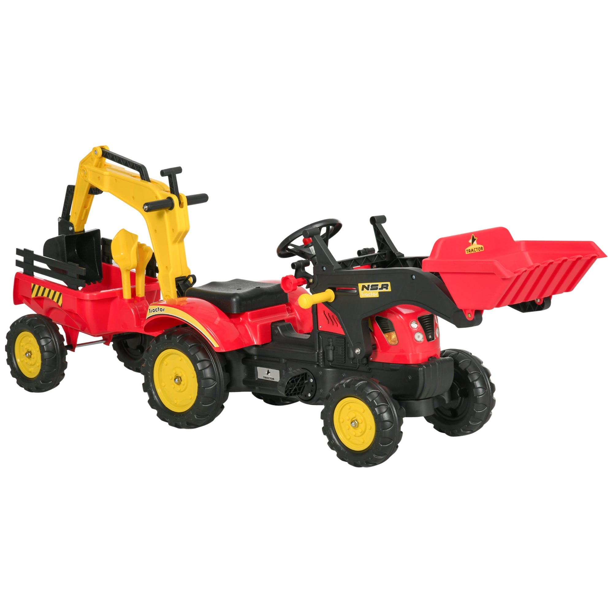 Aosom 3 in1 Kids Ride On Bulldozer/Excavator Toy with 6 Wheels, Controllable Cargo Trailer & Easy Pedal Controls 