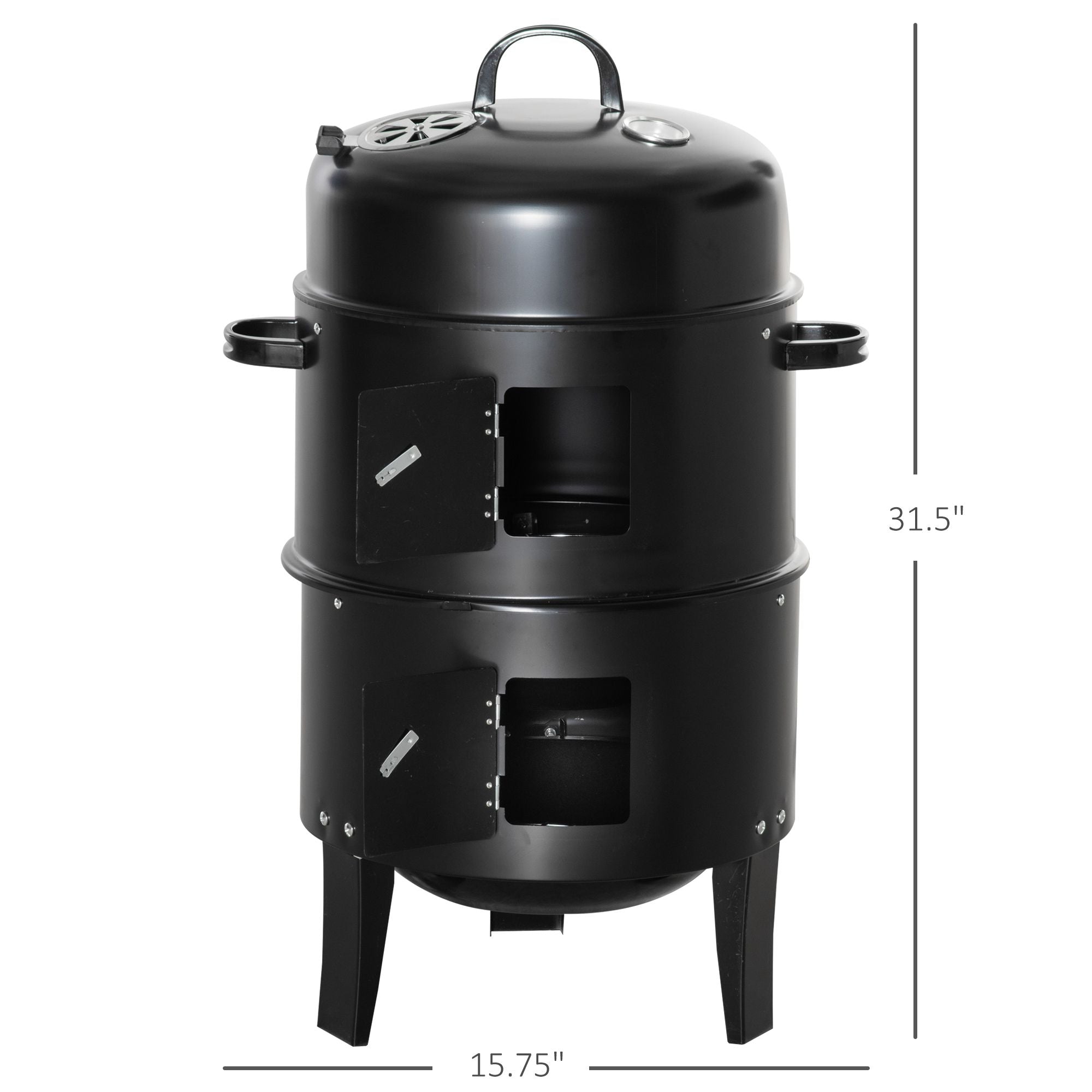 Outsunny Vertical Charcoal BBQ Smoker 3-in-1, 16" Round Barbecue Grill with Dual Cooking Areas, Thermometer, Black 
