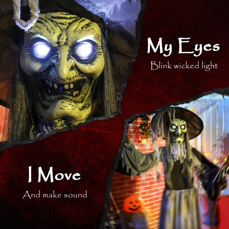 Outsunny Standing Animated Witch – Voice-Activated, Spinning Head & Flashing Eyes, Indoor Halloween Prop 