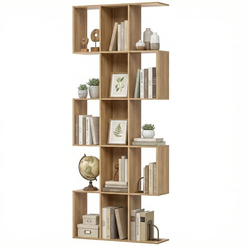 5-Tier Bookshelf, S Shaped Geometric Bookcase with 15 Compartments, Oak