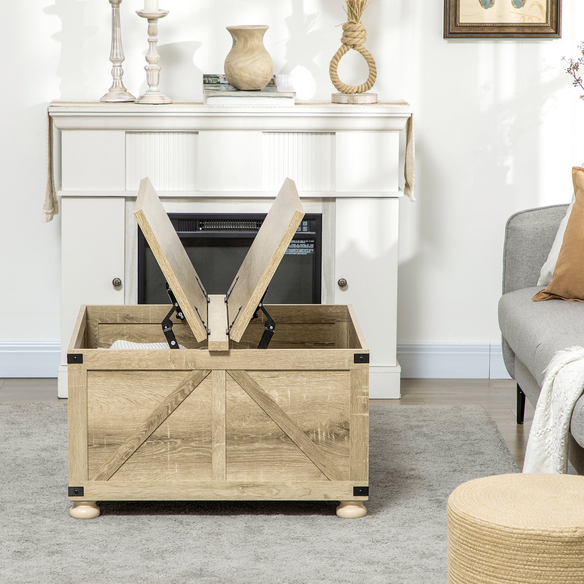 HOMCOM Oak Farmhouse Square Coffee Table: Center Table with Flip-Top Lids, Hidden Storage Compartment and Wooden Legs 
