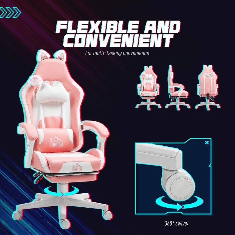 Cute Racing Gamer Chair, Faux Leather Gaming Chair with Footrest, Headrest and Lumbar Support, Pink