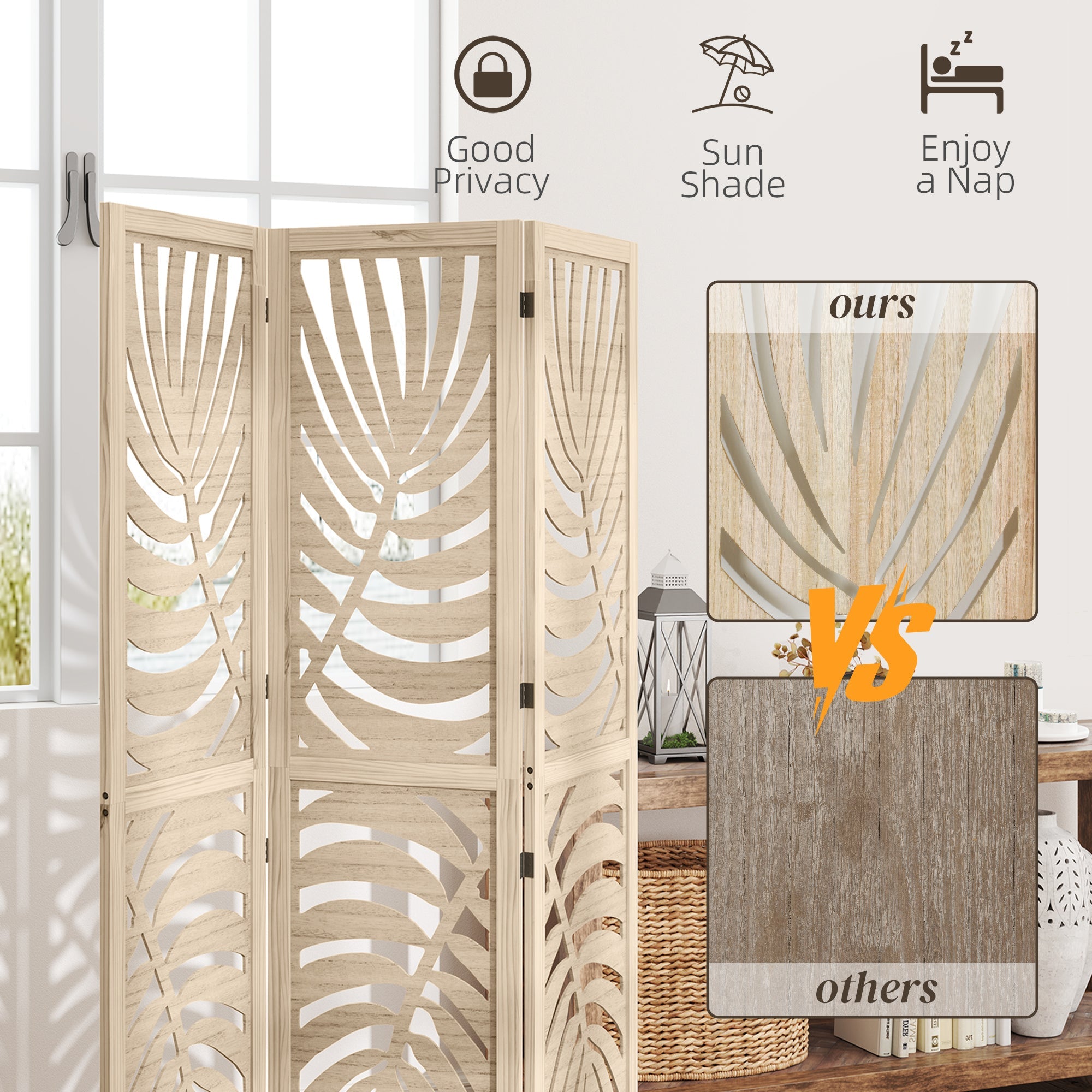 HOMCOM 3 Panel Room Divider, Detachable Folding Privacy Screens with Palm Leaf Design for Home Office, Natural Wood Finish 