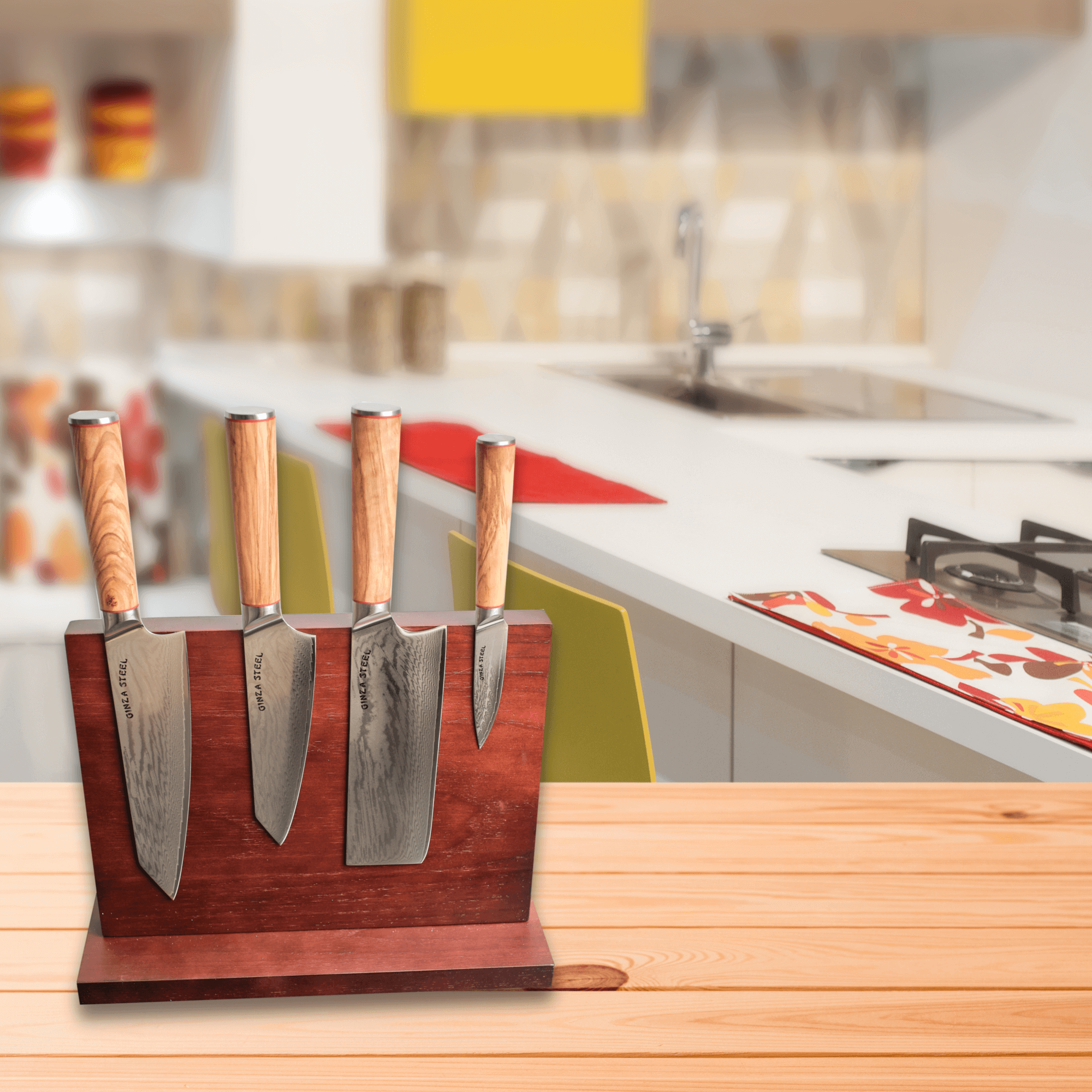 Ginza Steel KC Series MIA FIVE – 5-Piece Essential Knife Set with Magnetic Wood Block 