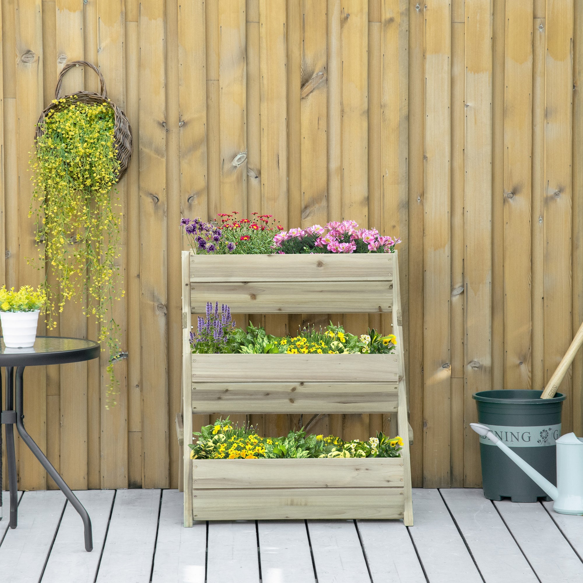 Outsunny 3 Tier Elevated Planter Box Vertical Wooden Raised Garden Bed Flowers Veggies Herbs Patio Backyard 26" x 30" x 30" Green 
