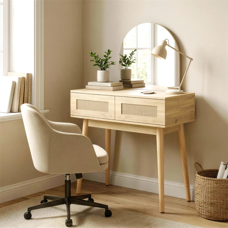 Vanity Desk, Makeup Vanity with with Mirror and 2 Drawers, Natural Wood
