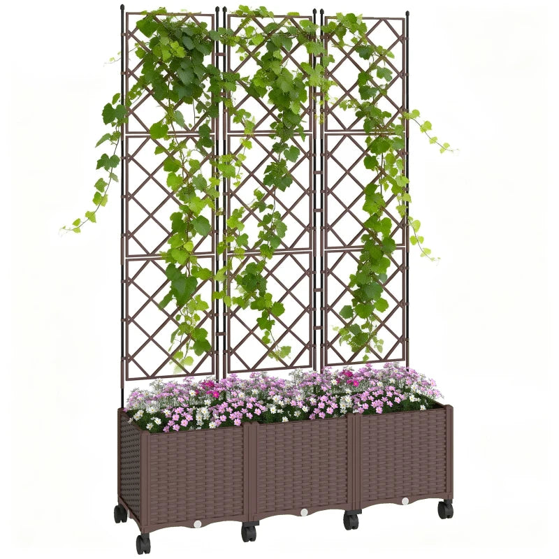 Plastic Raised Garden Bed with Trellis, Self Watering Planter Box with Wheels, Drainage Holes and Plugs