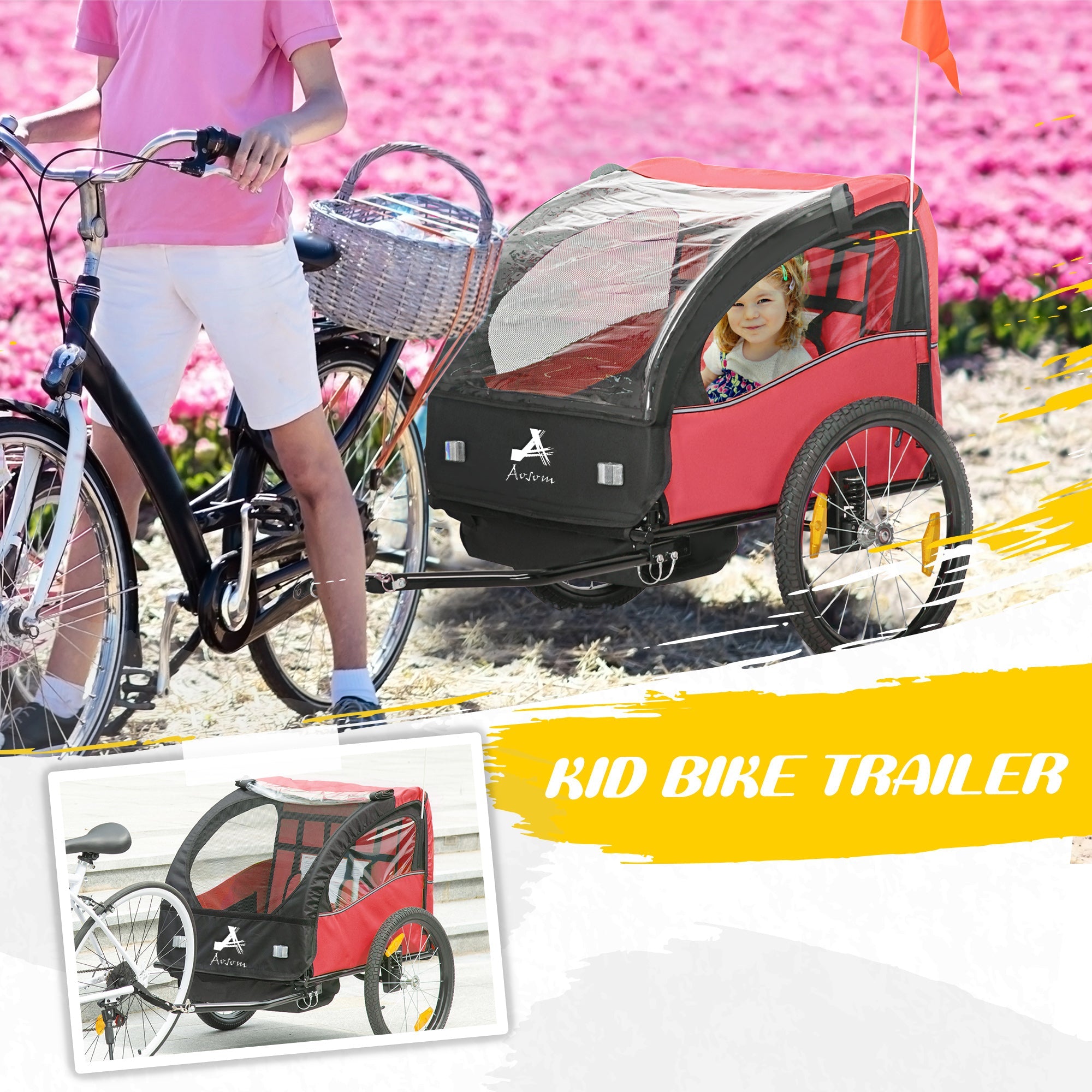 Aosom 2 Seat Bike Trailer for Kids, Baby Stroller with Storage Bag, 5 Point Harness, Bicycle Trailer with 20" Wheels, Red 