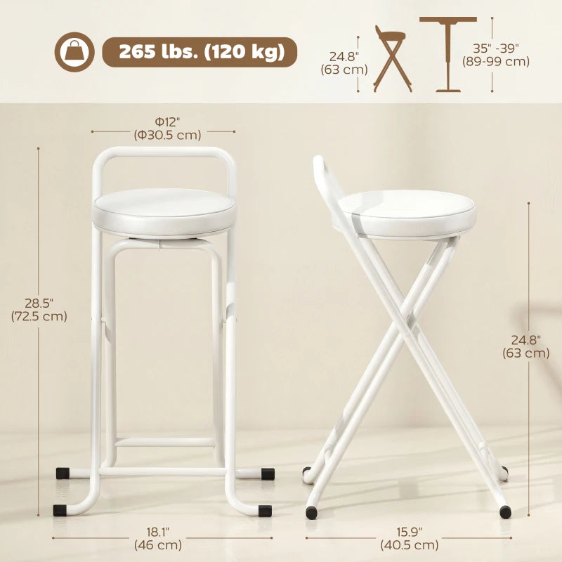 Foldable Bar Stools Set of 2, Folding Kitchen Chairs with PU Cushioned Seat, Footrest, White