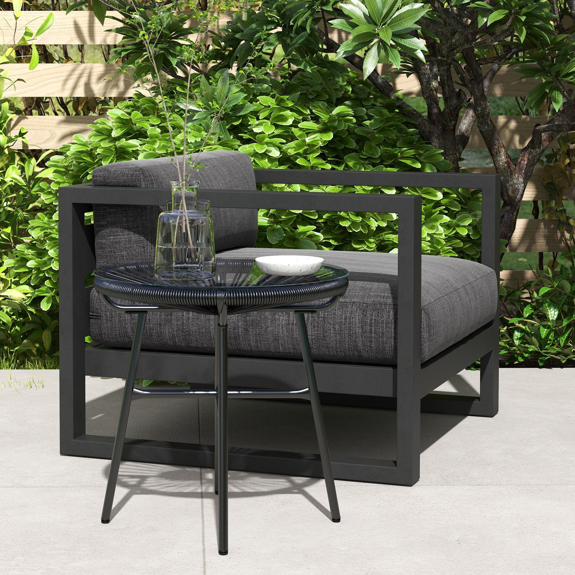 Outsunny Rattan Side Table, Round Outdoor Table, with Round PE Rattan and Tempered Glass Table Top for Patio, Garden, Black 