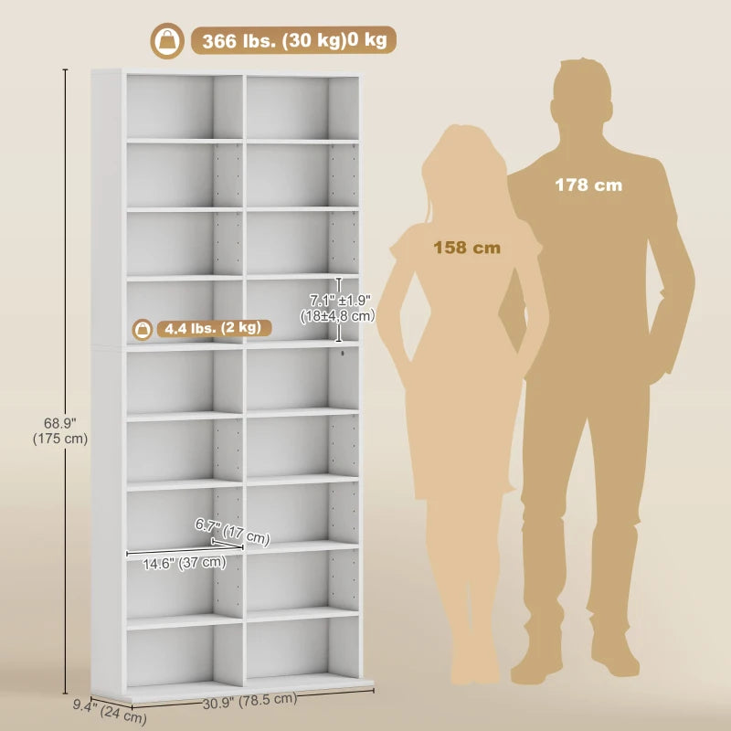 9-Tier DVD Shelf with 18 Compartments and 14 Adjustable Shelves, Holds 640 CDs, 360 DVDs or 430 Blu-rays, White