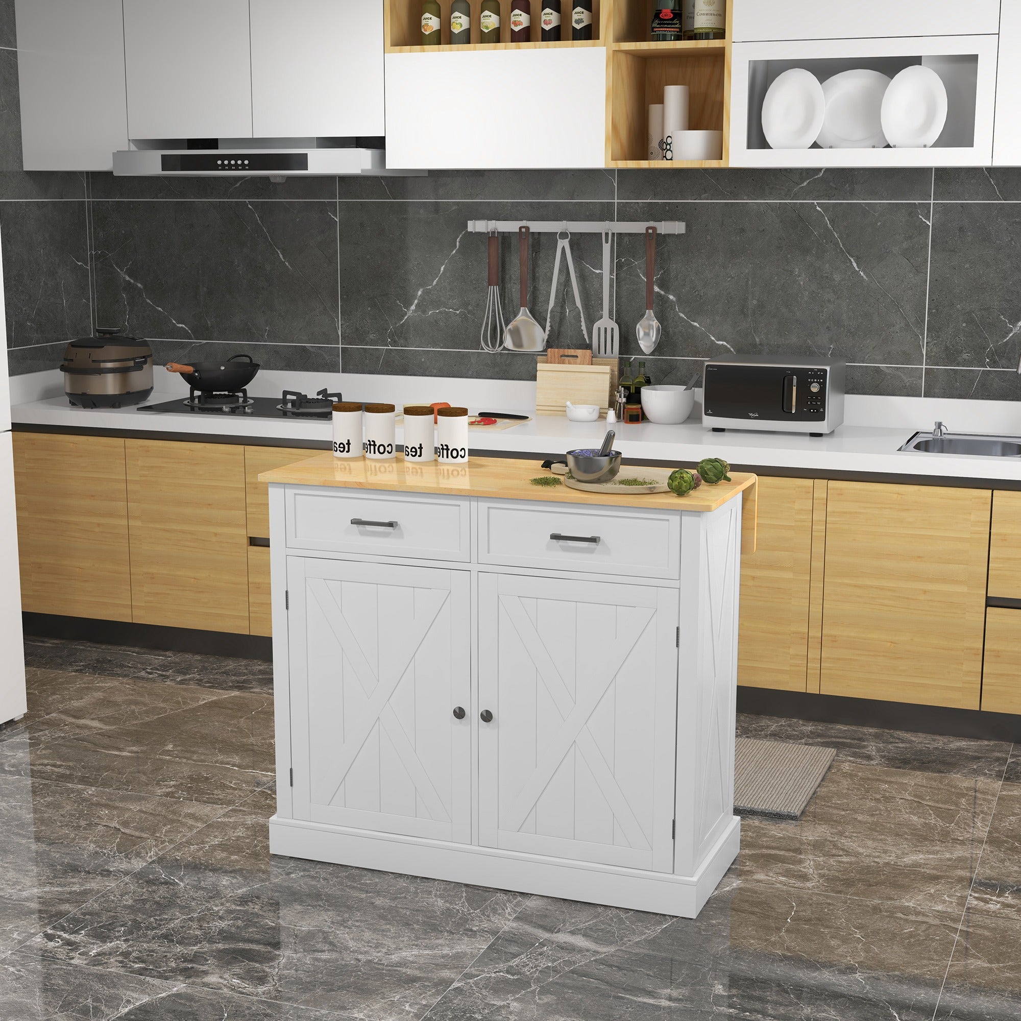 HOMCOM Farmhouse Kitchen Cart: White, Rolling Island, Drop Leaf, Wood Breakfast Bar, 2 Drawers, Adjustable Shelves 