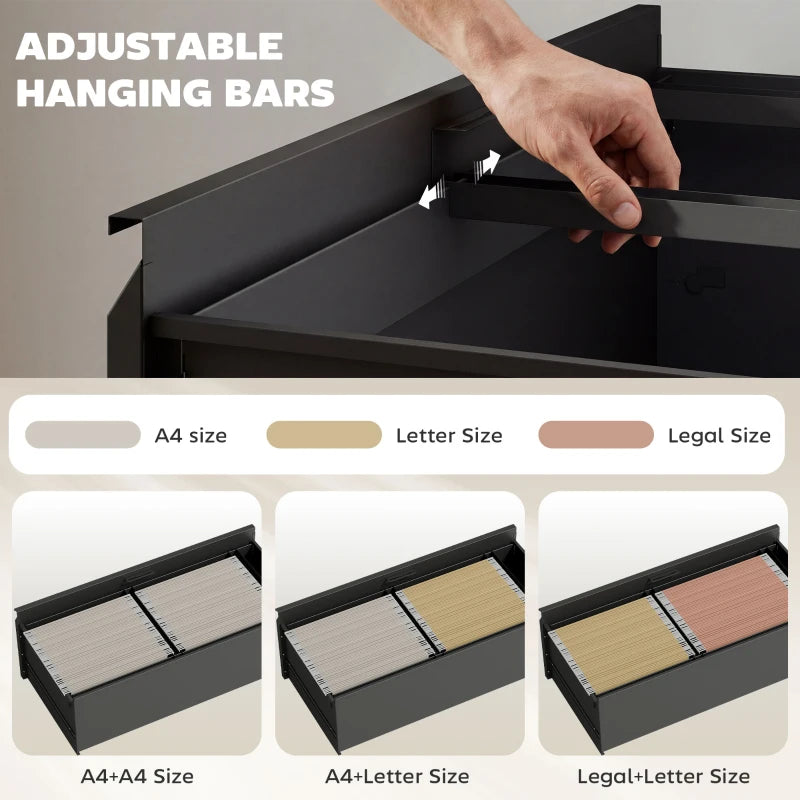 Lateral Filing Cabinet with 2 Drawers, Lockable Steel File Cabinet for A4/Letter/Legal Size Files, Black
