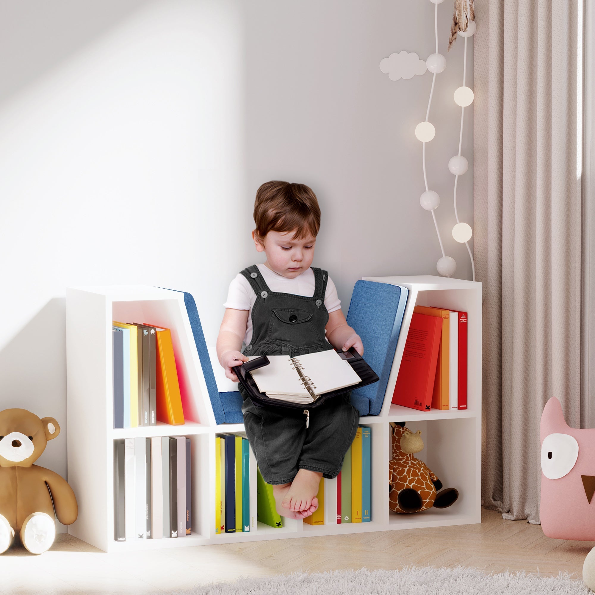 HOMCOM Kiddie Cubby Bliss: 6-Cubby Bookcase with Cushioned Reading Nook, Storage Organizer Cabinet Shelf in White & Blue 
