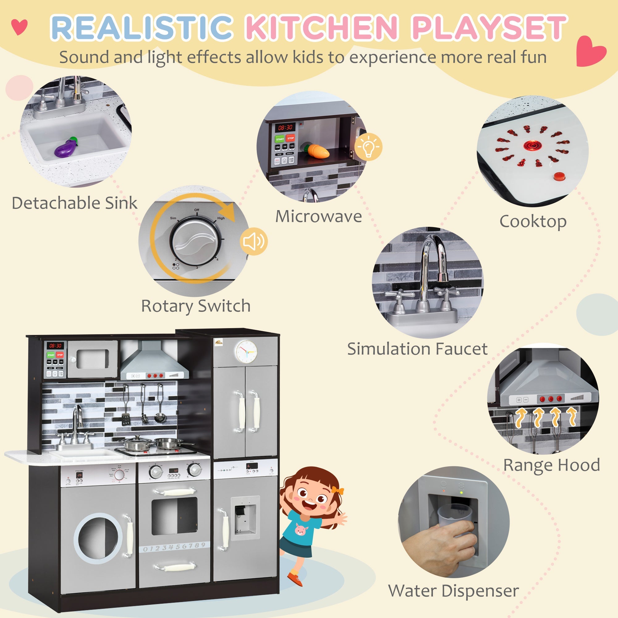 Qaba Wooden Play Kitchen with Lights Sounds, Kids Kitchen Playset with Washing Machine, Water Dispenser, Microwave, Range Hood 