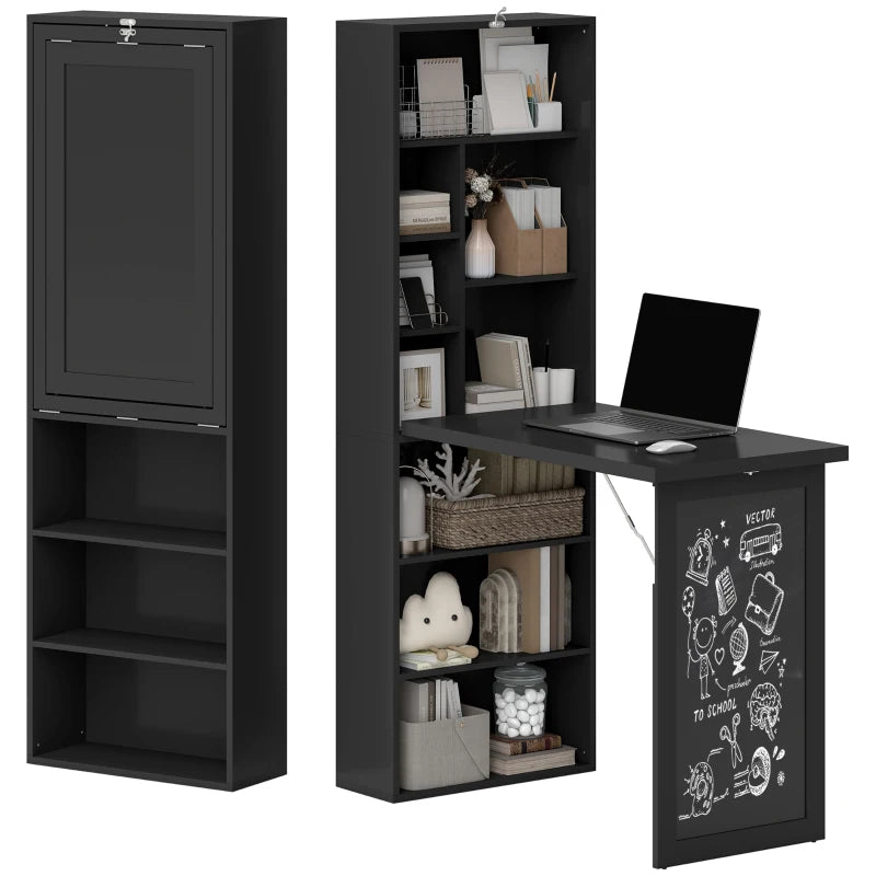 Fold-out Convertible Office Desk, Wall Mount Computer Desk with Blackboard and Side Shelf, Black