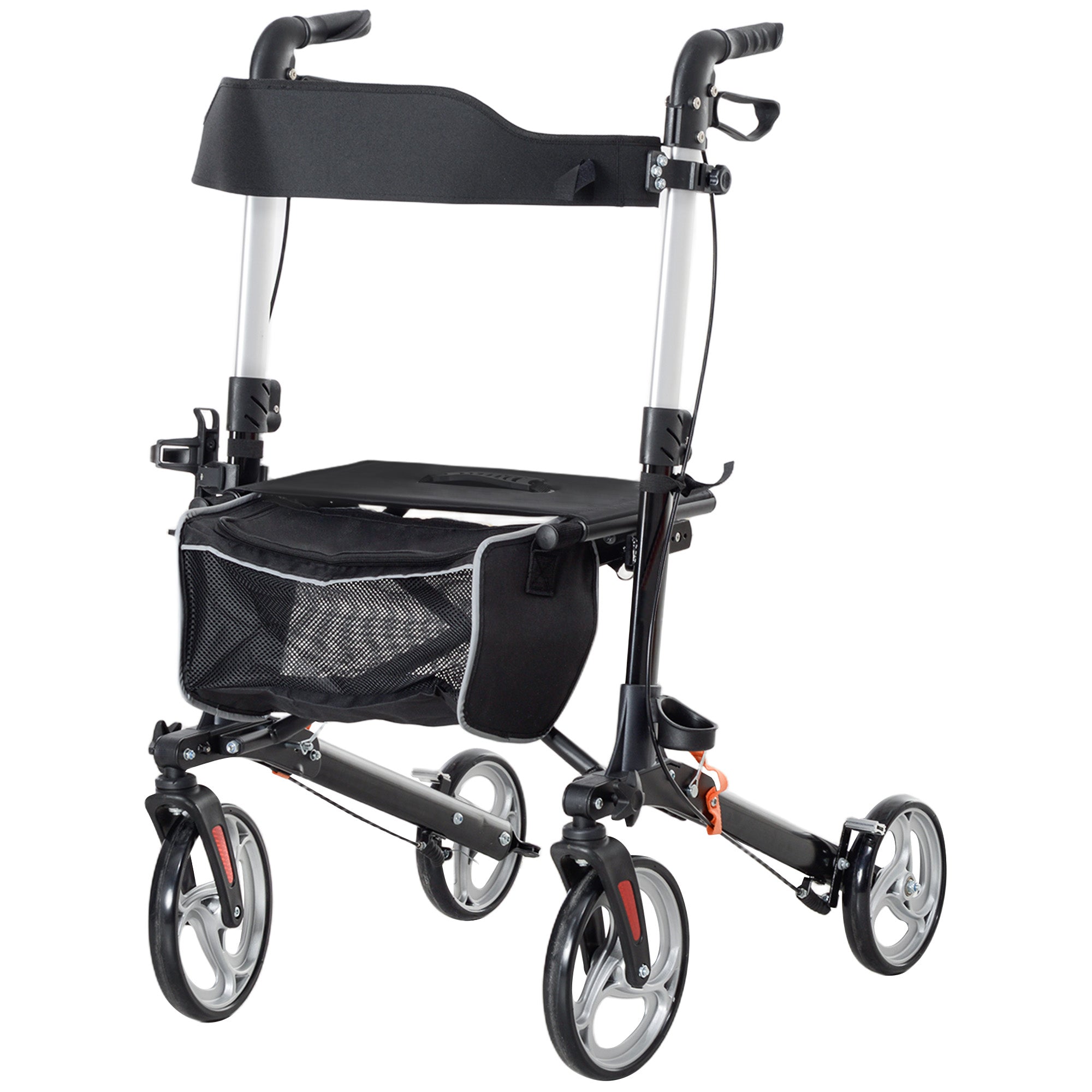 HOMCOM Lightweight Folding Rolling Walker with Large Seat, Back, Adjustable Handle, Bag, Dual Brake, Cane Holder, Black 