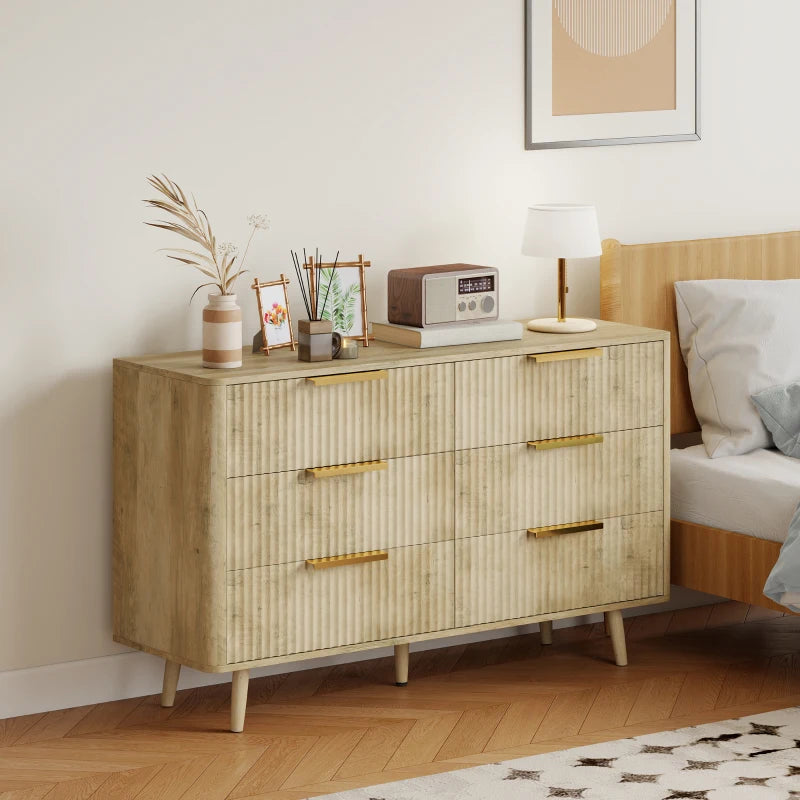 Fluted Chest of Drawers, Modern 6 Drawer Dresser with Pine Wood Legs, Finger Pulls for Closet, Living Room, Hallway, Oak