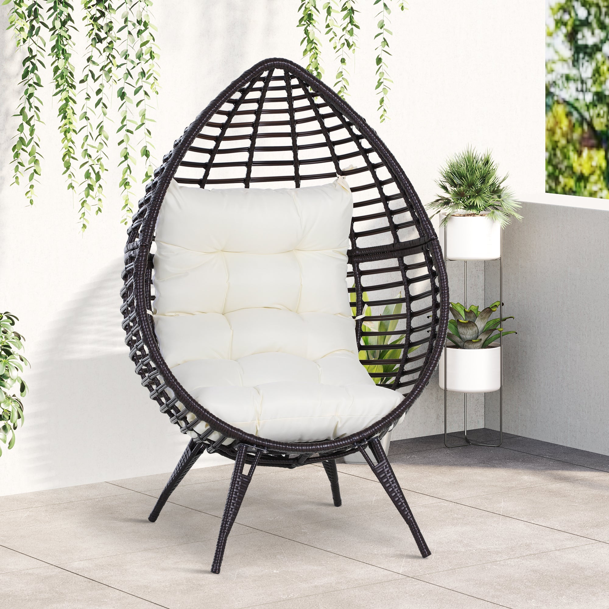 Outsunny Rattan Wicker Egg Chair Lounge Chair with Cushion Outdoor Indoor Adjustable Brown 352lbs Capacity 