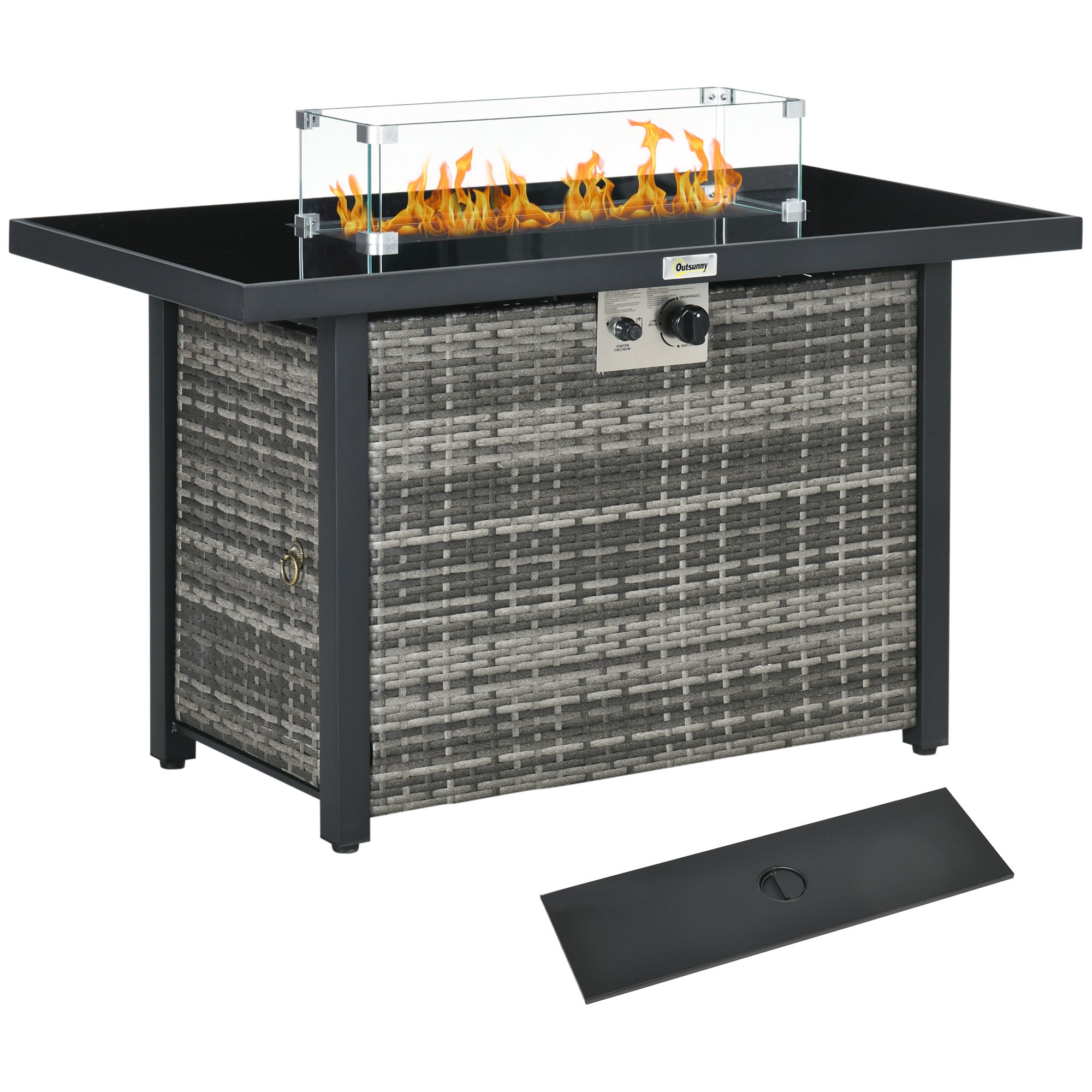 Outsunny 43 Inch Propane Fire Pit Table, 50,000 BTU Pulse-Ignition Wicker Firepit Furniture with Glass Wind Guard, Blue 